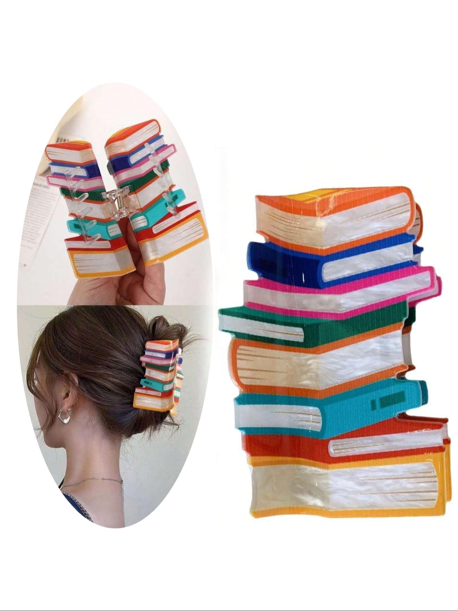 1/5-Pack Creative Bookshelf Hair Claw Clip – Cute Rainbow Color Block Acrylic Hair Accessories, Fun Book Lover Aesthetic Claw for Thick Hair, Large Non-Slip Hairpiece Gift for Daily Wear, Travel & Photoshoots