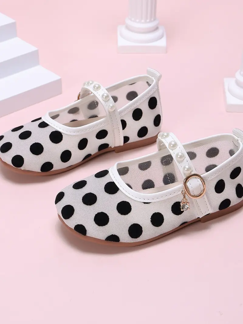 New Kids Polka Dot Mary Jane Shoes, Sweet Princess Style, Pearl Decor, Rhinestone Pendant, Easy Velcro Flat Shoes, Fashionable, Suitable for Vacation, Picnic, Daily Wear