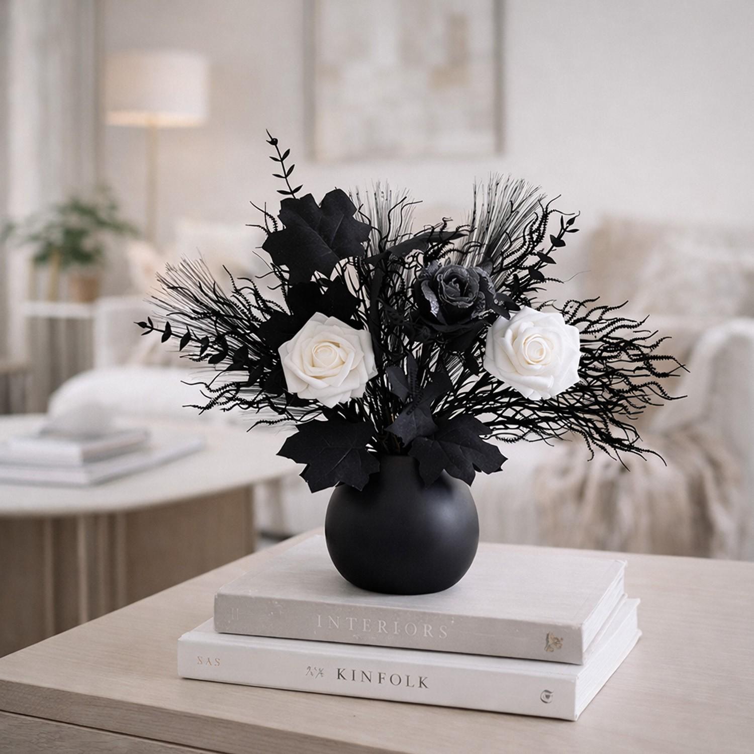 Artificial Flower Bouquet, Realistic Roses, Decorative Leaves, Feathery Stems, Monochrome Design, Modern Home Décor, No Maintenance