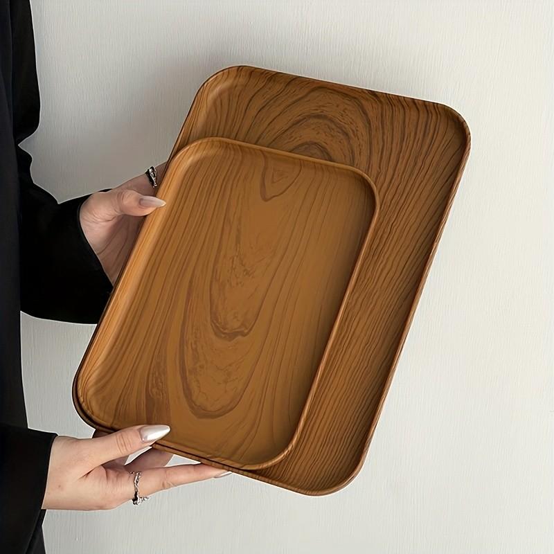 Wood Grain Plastic Tray, Rectangular Multi-Purpose Tray with Oak Design, Lightweight Durable Aesthetic Kitchen Countertop Decor, Home Hotel Cafe Art Decoration