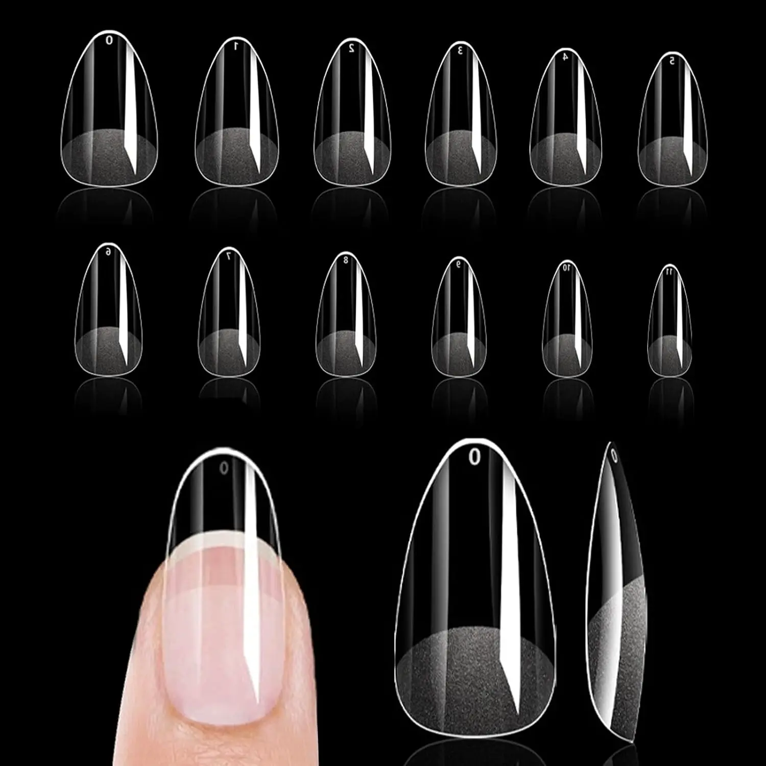 Almond   Tips, 288 count Soft Gel Pre Filed  Almond  Nails, Gel  Tips, for Extension Manicure Salon DIY at  12 Sizes