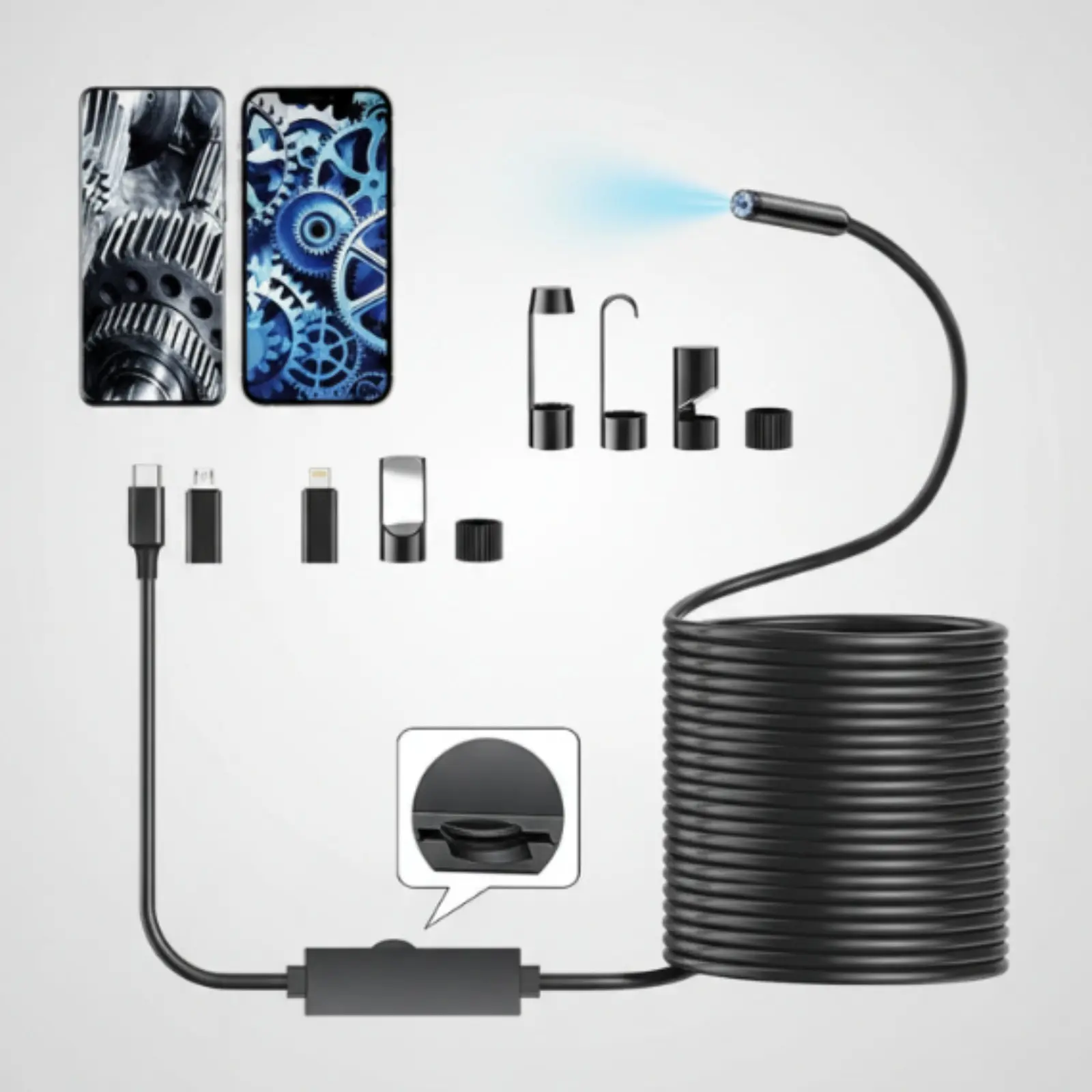 HD Endoscope Camera with Light, 8 Adjustable LED Borescope Inspection Camera, 16.4ft Semi-Rigid Snake Cable with IP67 Waterproof Lens, Compatible with iOS & Android Phones for Automotive Repair, Home Improvement, Plumbing & DIY Projects