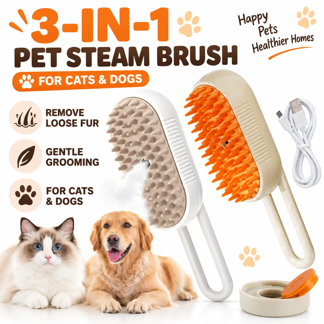 Multifunctional 3-in-1 Steamy Pet Hair Removal Brush, Adjustable Fine Mist Grooming Comb for Cats, Dogs & Other Furry Pets, Convenient Pet Deshedding Brush for Collecting Loose Hair, Minimizing Flyaway Fur, Gentle Coat Massage & Daily Pet Grooming, Reusab