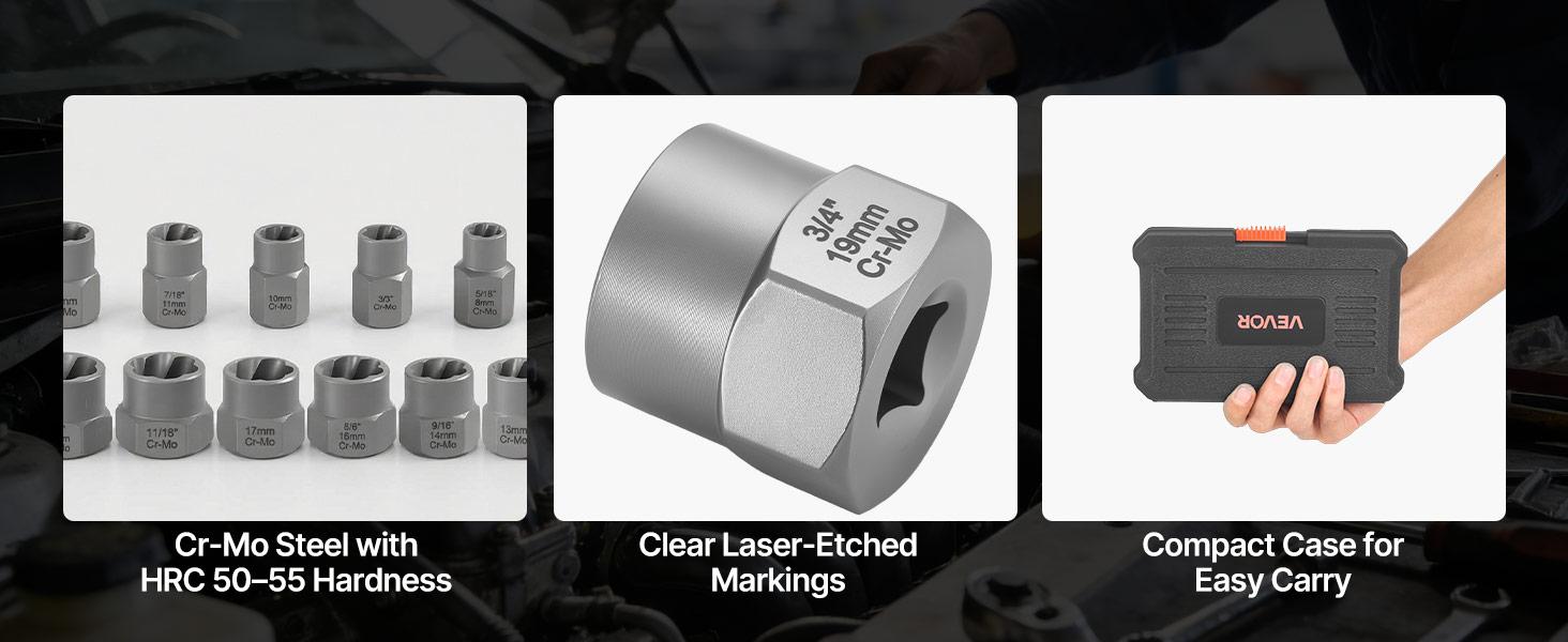 VEVOR Bolt Extractor Kit, 16 Pieces Impact Bolt Nut Remover Set with Adapters and Pin Punch, Solid Storage Case, Cr-Mo Steel for Removing Damaged, Rusted, Stripped, Rounded Bolts, Nuts and Screws