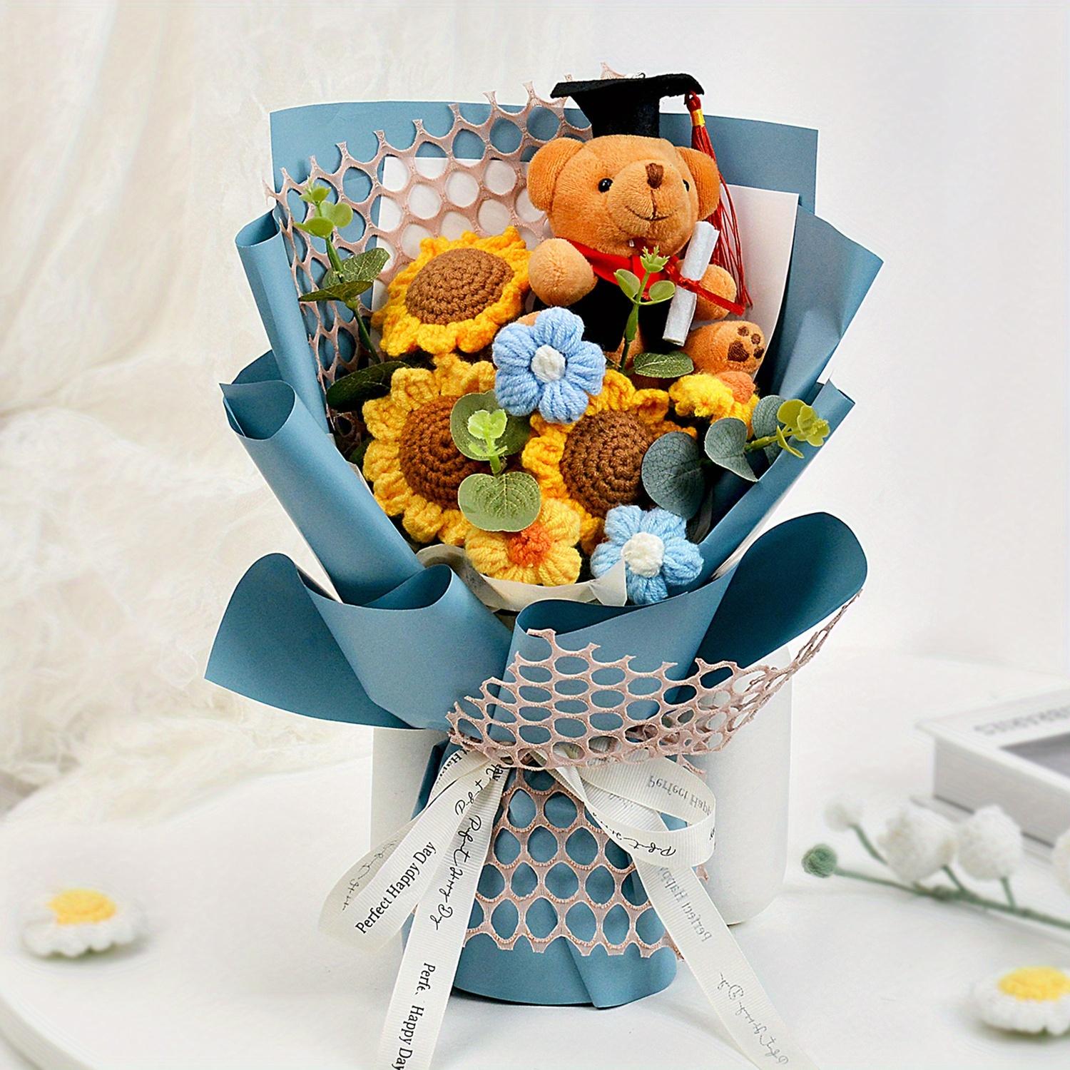 Crochet Flower Bouquet Set with Plush Bear and Gift Bag, Ideal for Graduation Gifts, Teacher's Day, Sunflowers and Daisies, Year-Round Decor