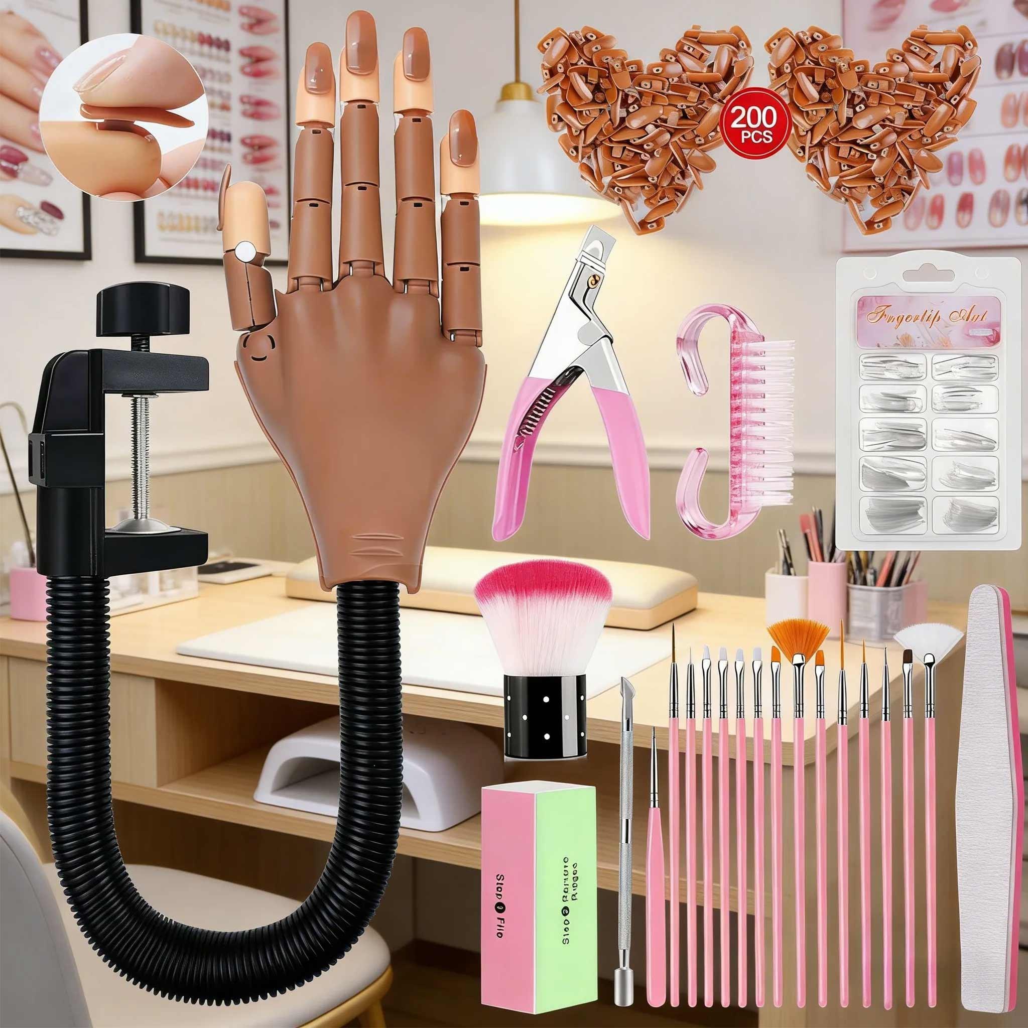 Practice acrylic nails hand, flexible and movable fake hand, nail art training hand nail set, movable nail hand, includes 200 nail tips, nail glue, cleaning brush, and nail clipper, suitable practice tool for beginners, professional tool for nail salons