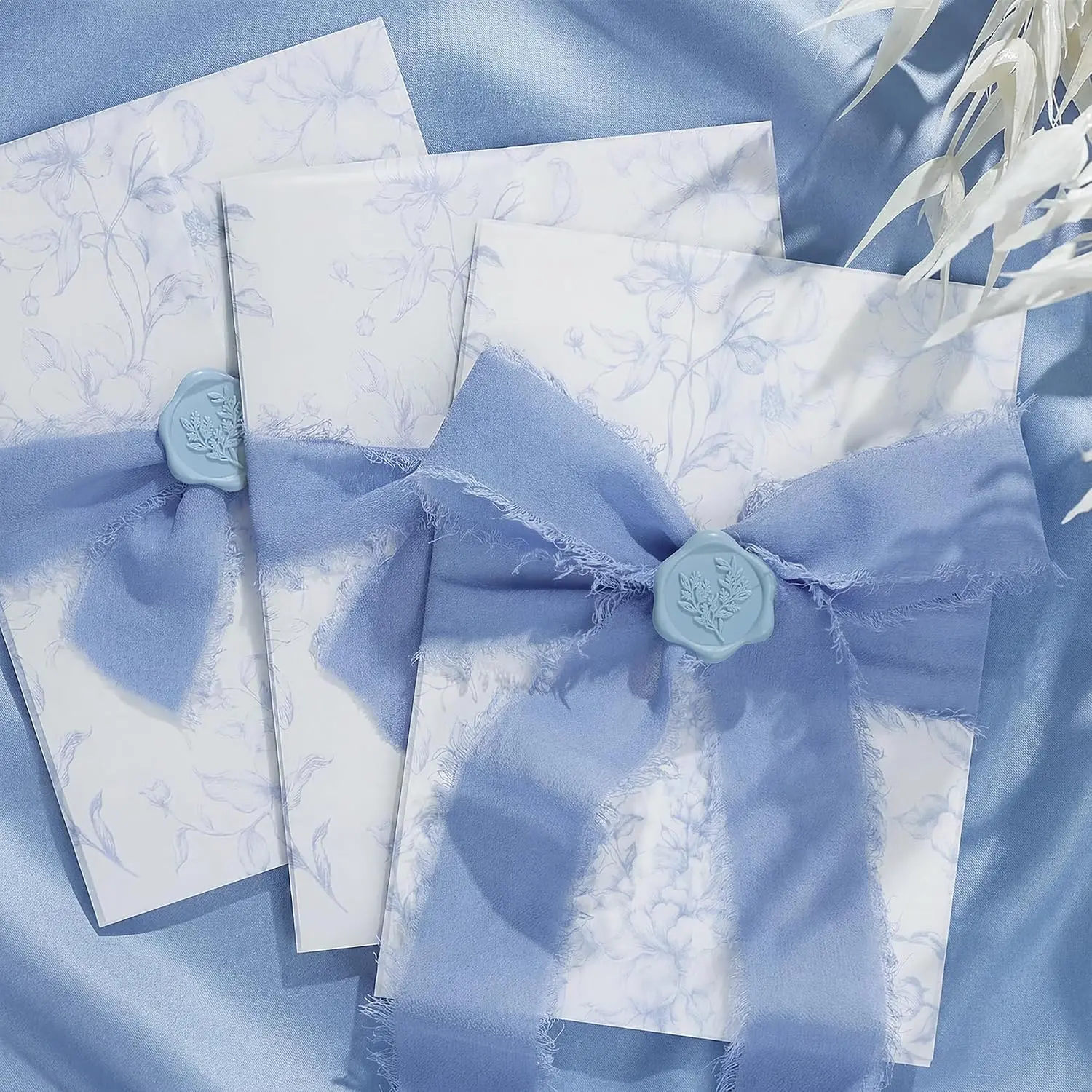 50 Sets Wedding Invitation Kit, Dusty Blue Floral Vellum Jackets for 5x7 Invitations w/Chiffon Silk Ribbon & Eucalyptus Wax Seal Stickers, Wedding Invitation Accessories