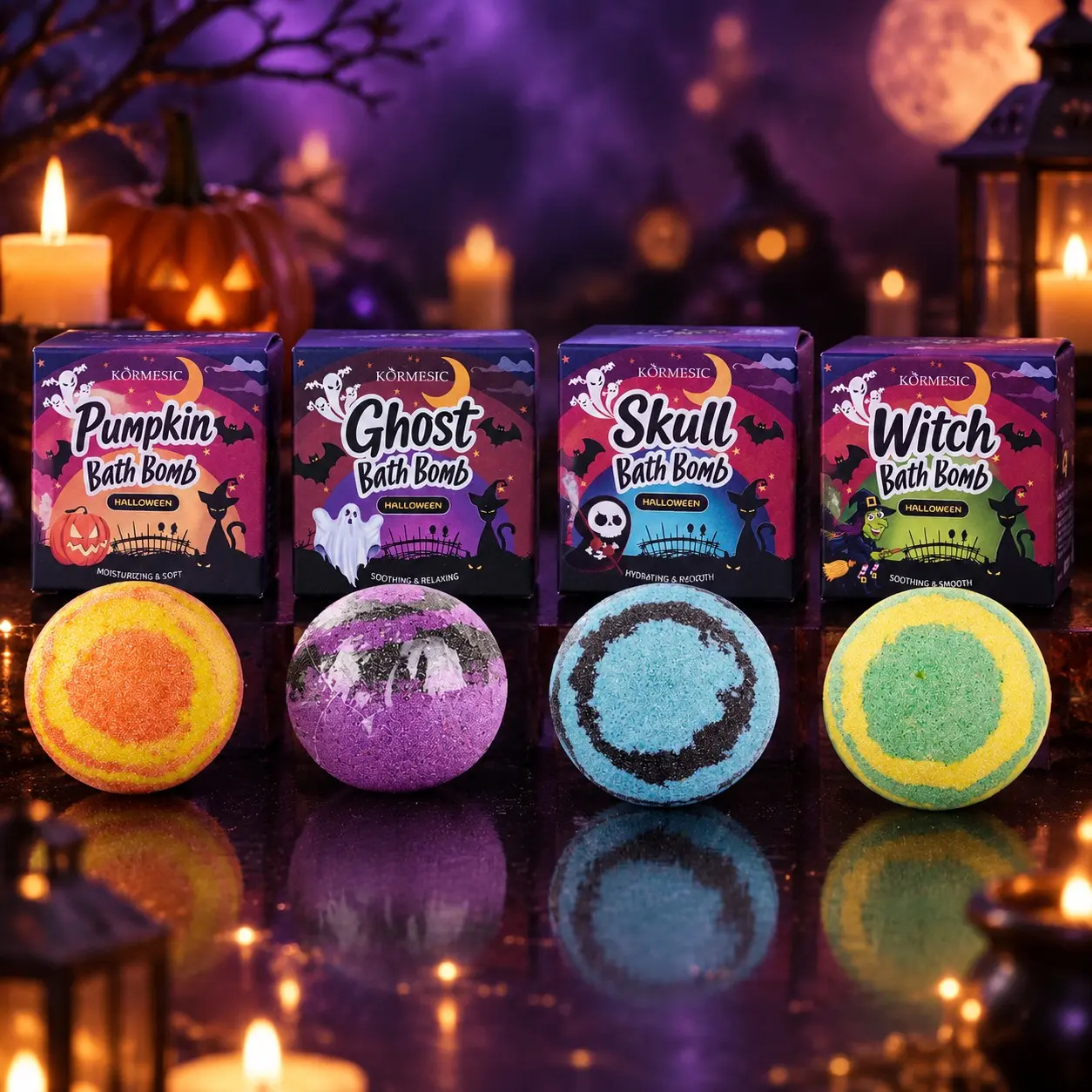KORMESIC Halloween Bath Bomb Set 4 Pcs, 80g / 2.82 oz Each, Pumpkin Ghost Skull Witch Bath Bombs with Surprise Toy Inside, Moisturizing & Soft Body Care Bath Balls with Rich Creamy Bubbles for Holiday Bath and Daily Relaxation