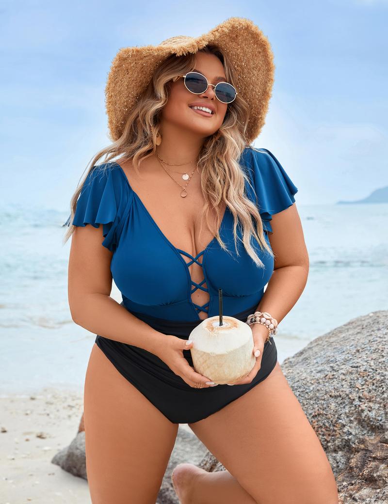 Blooming Jelly Women's Plus Size One Piece Swimsuit Tummy Control Bathing Suit Vintage V Neck Swimwear