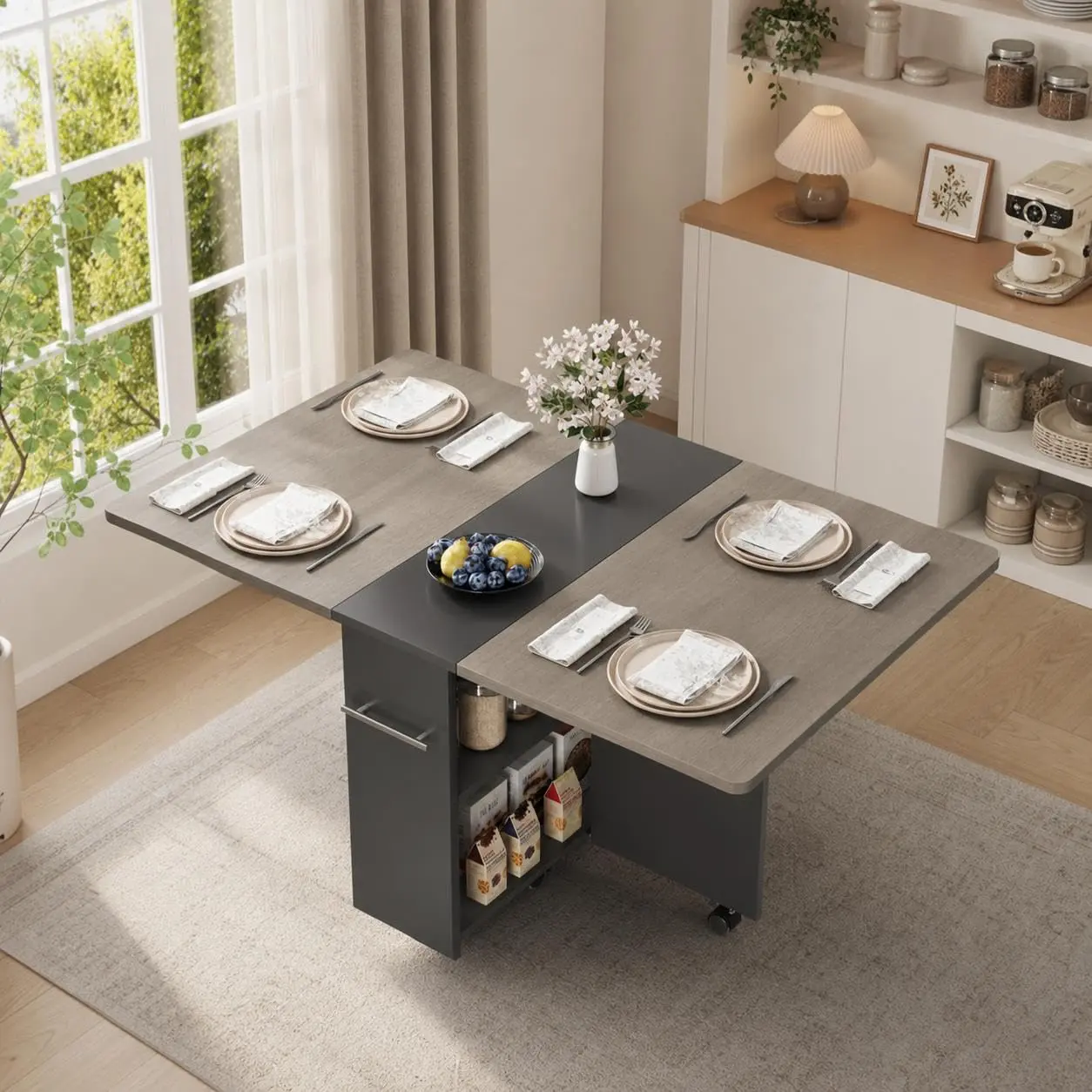 Versatile Folding Dining Table 120x60x75 cm with Drop-Leaf Design, 6 Wheels for Easy Mobility, White and Wood Finish, Includes 2-Tier Storage Shelves, Space-Saving Expandable Kitchen Table for Small Spaces