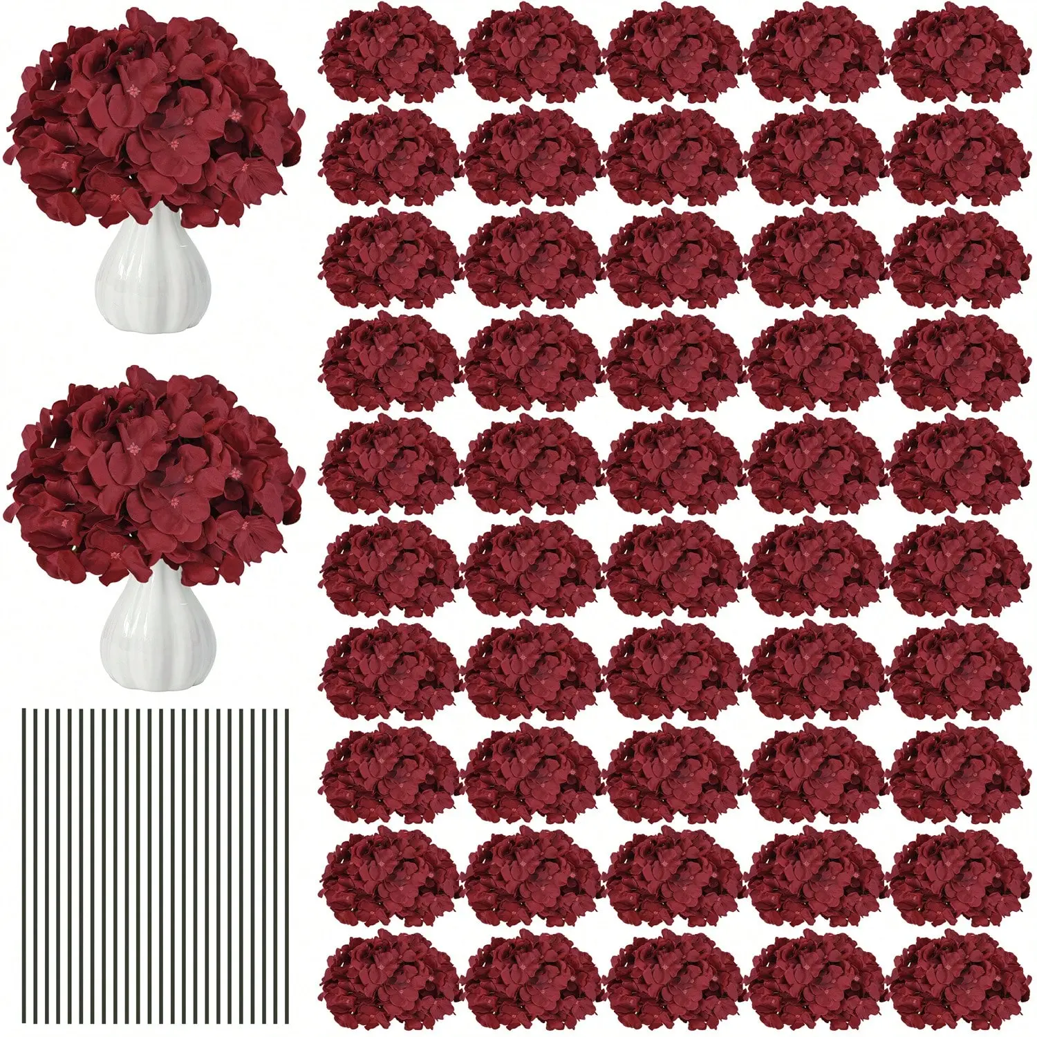 46/64Pcs Artificial Flowers Hydrangea Flowers Heads Full With Stems For Wedding Home Party Shop Baby Shower Decor(Wine Red)