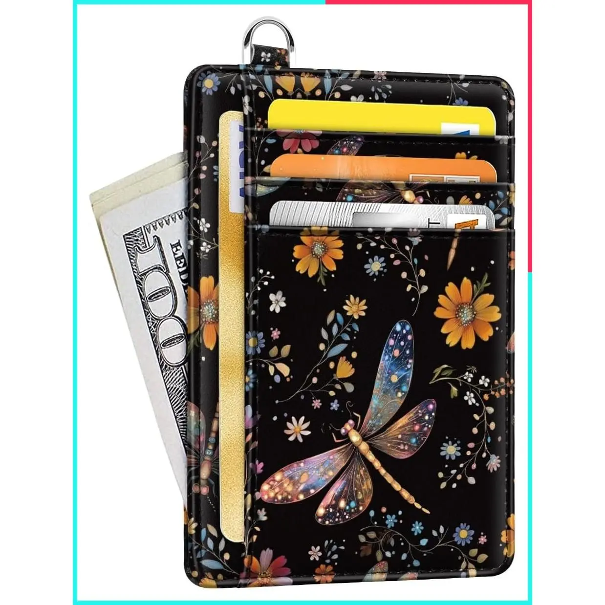 Slim Minimalist Credit Card Holder Wallet for Women Thin Card Cases with Cute Small ID Window, RFID Blocking, Keychain, Dragonfly Design