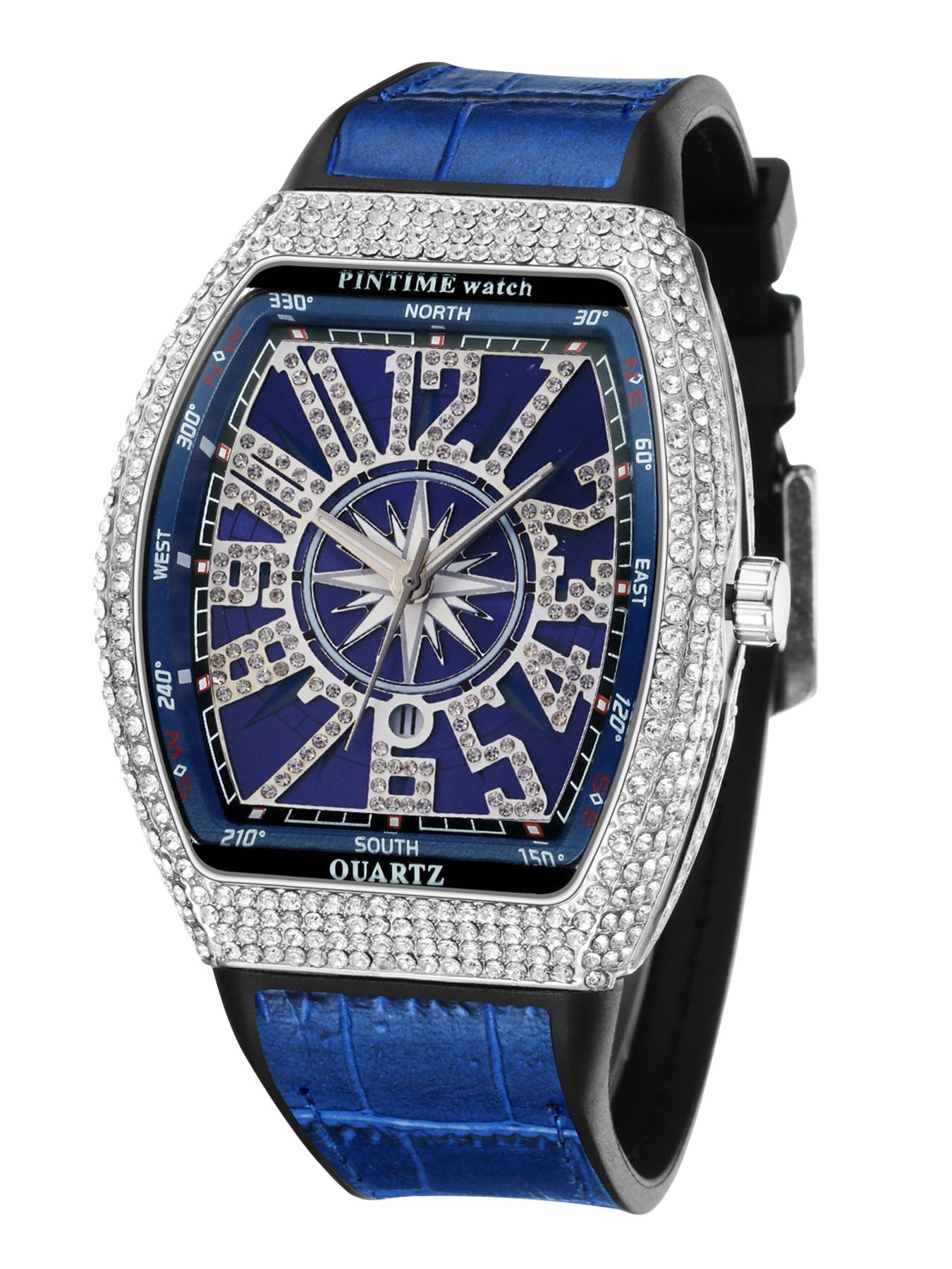 Men's Business Quartz Watch, Barrel Shape Starry Strap, Yacht Diamond Vintage Large Dial, Waterproof Stone Watch, 1pc