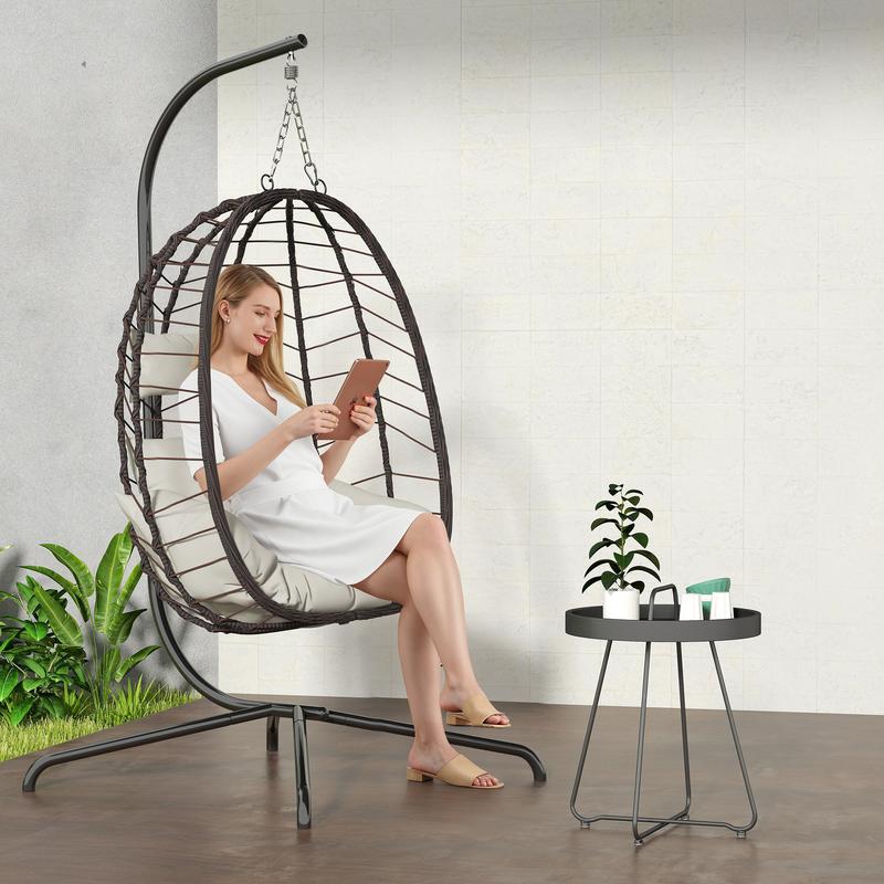 Hanging Egg Chair with Stand – Handwoven Rattan Patio Swing with Cushion, 350lb Capacity – Indoor/Outdoor Chic for Patio, Garden & Poolside