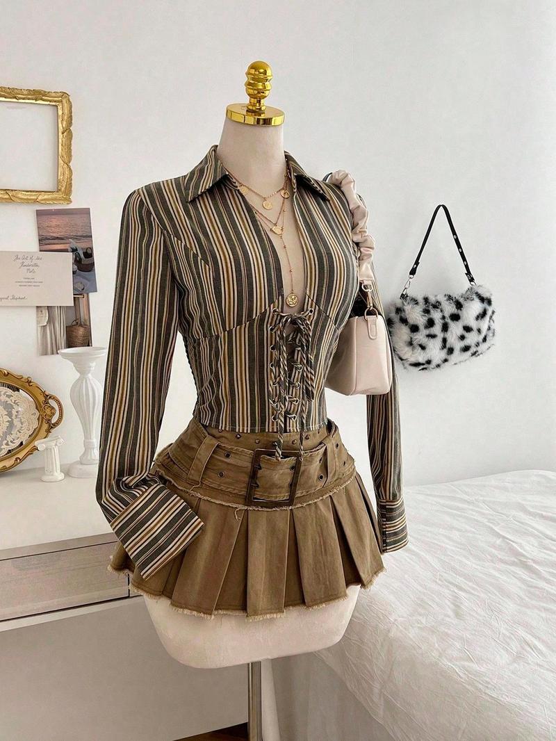 1 Piece Retro Striped Waist-Cinched Shirt Set | Euro-Hong Kong Style | Deep V Drawstring + Slim-Fit Silhouette | Elegant Pick for Daily Commute / Coffee Dates / Valentine's Day