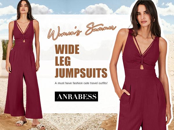 ANRABESS Women's Summer Wide Leg Jumpsuits V Neck Sleeveless High Waist Vacation Linen Rompers Casual Overalls