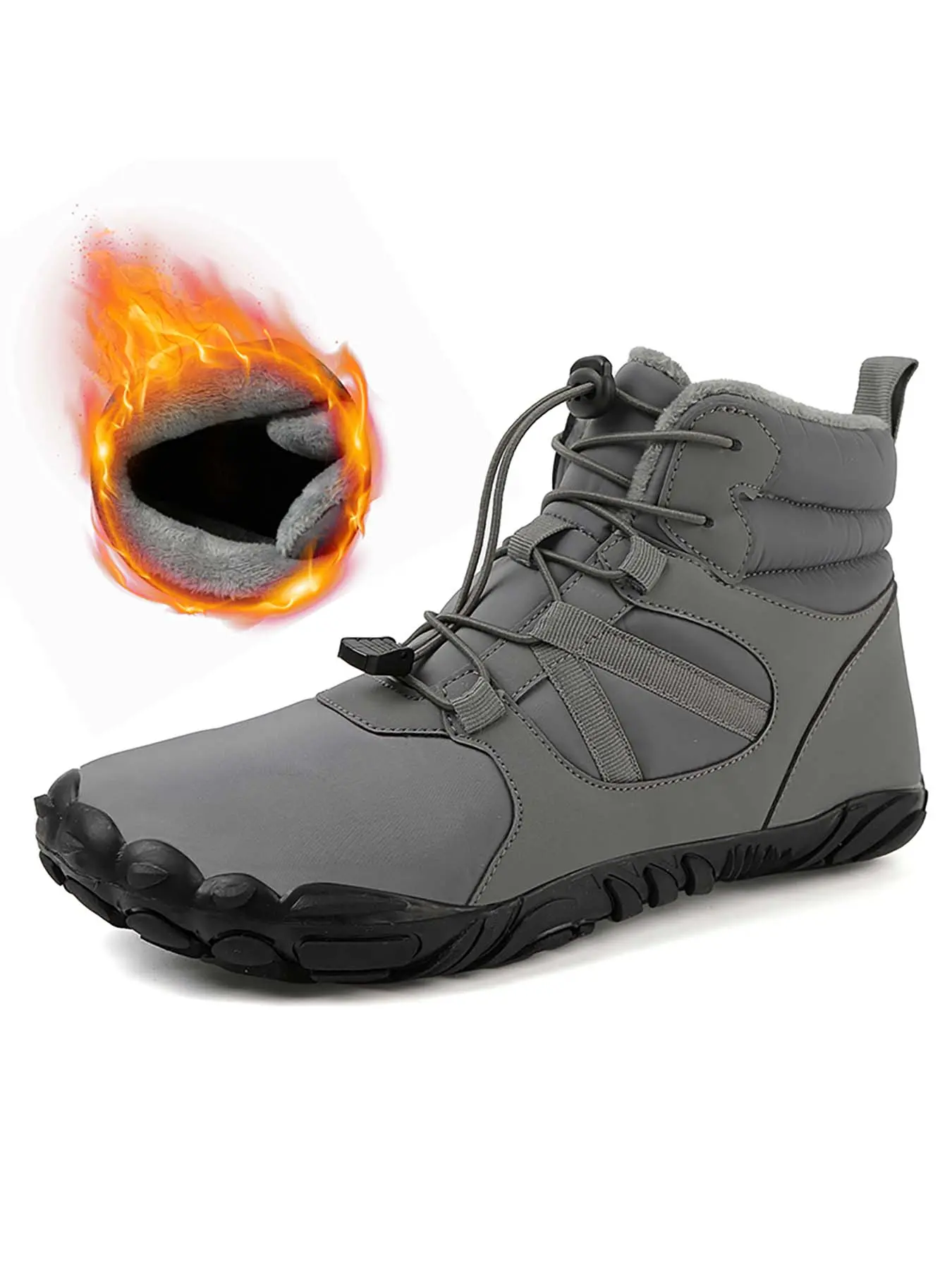 Men’s Fleece Lined Warm Barefoot Snow Boots, Wide Toe Box Zero Drop Quick Slip-On Lock Drawstring, Water Resistant Non-Slip Winter Ankle Boots for Commute & Trail Hiking