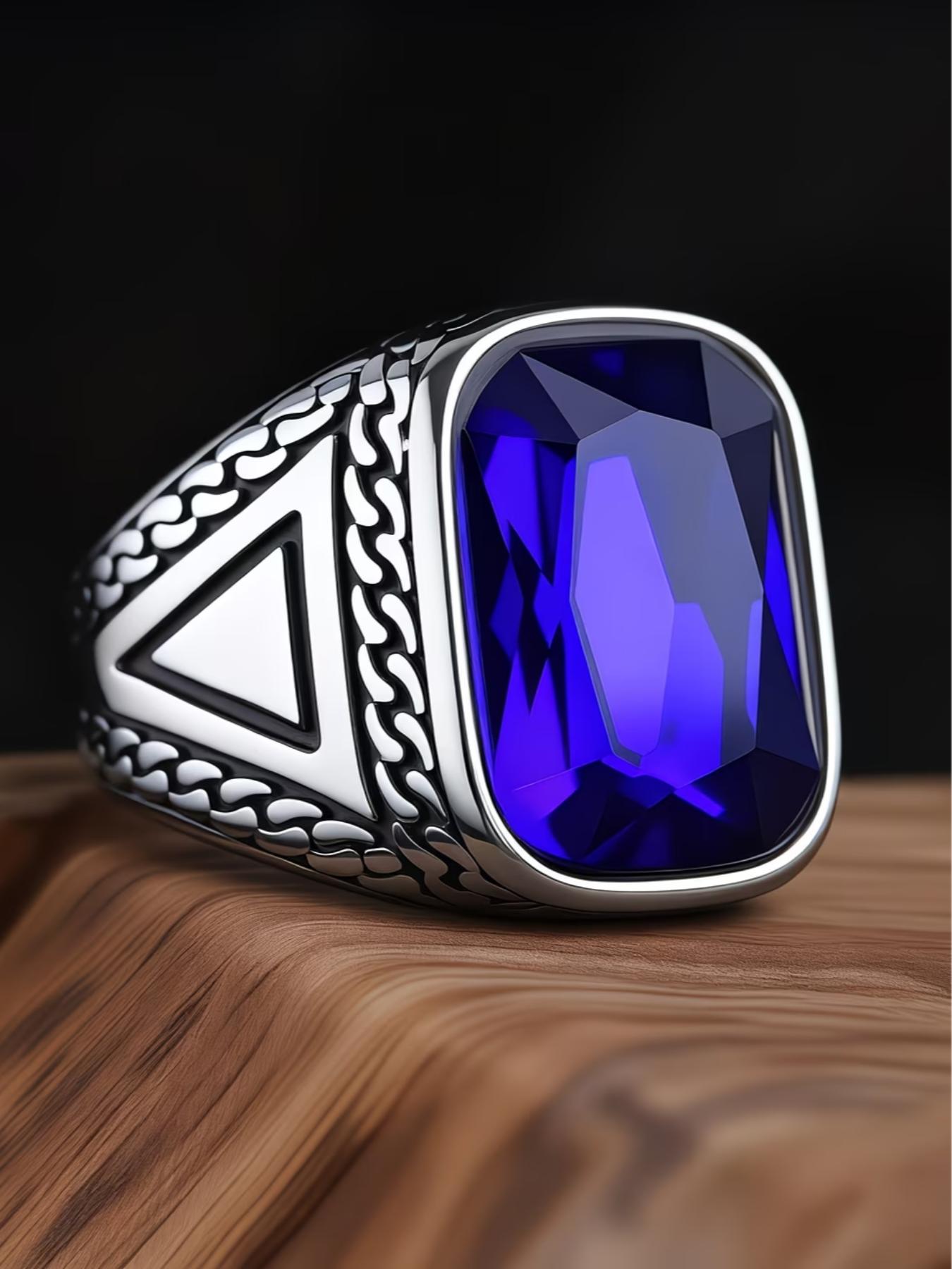 Tribal Style Men's Blue Ring, 316L Stainless Steel, Inlaid with Square Agate, Simple and Grand