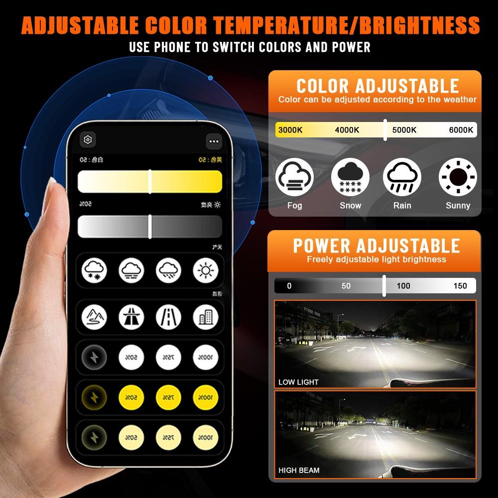App Control LED Headlights: The smartest headlight upgrade. Adjust 3000K-6000K color and 150W power instantly via smartphone. Best LED bulbs for H11 H7 9005 9006 with Canbus error-free system for night driving.