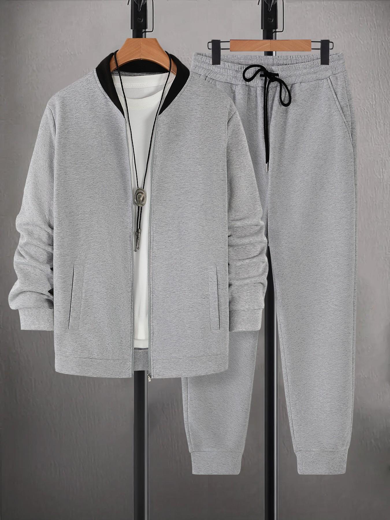 Men's Light Gray 2-Piece Loungewear Set - Zip-Up Bomber Jacket with Ribbed Collar & Drawstring Jogger Pants, Soft Breathable Fabric, Relaxed Fit for At-Home Lounging, Lazy Weekends & Casual Evenings