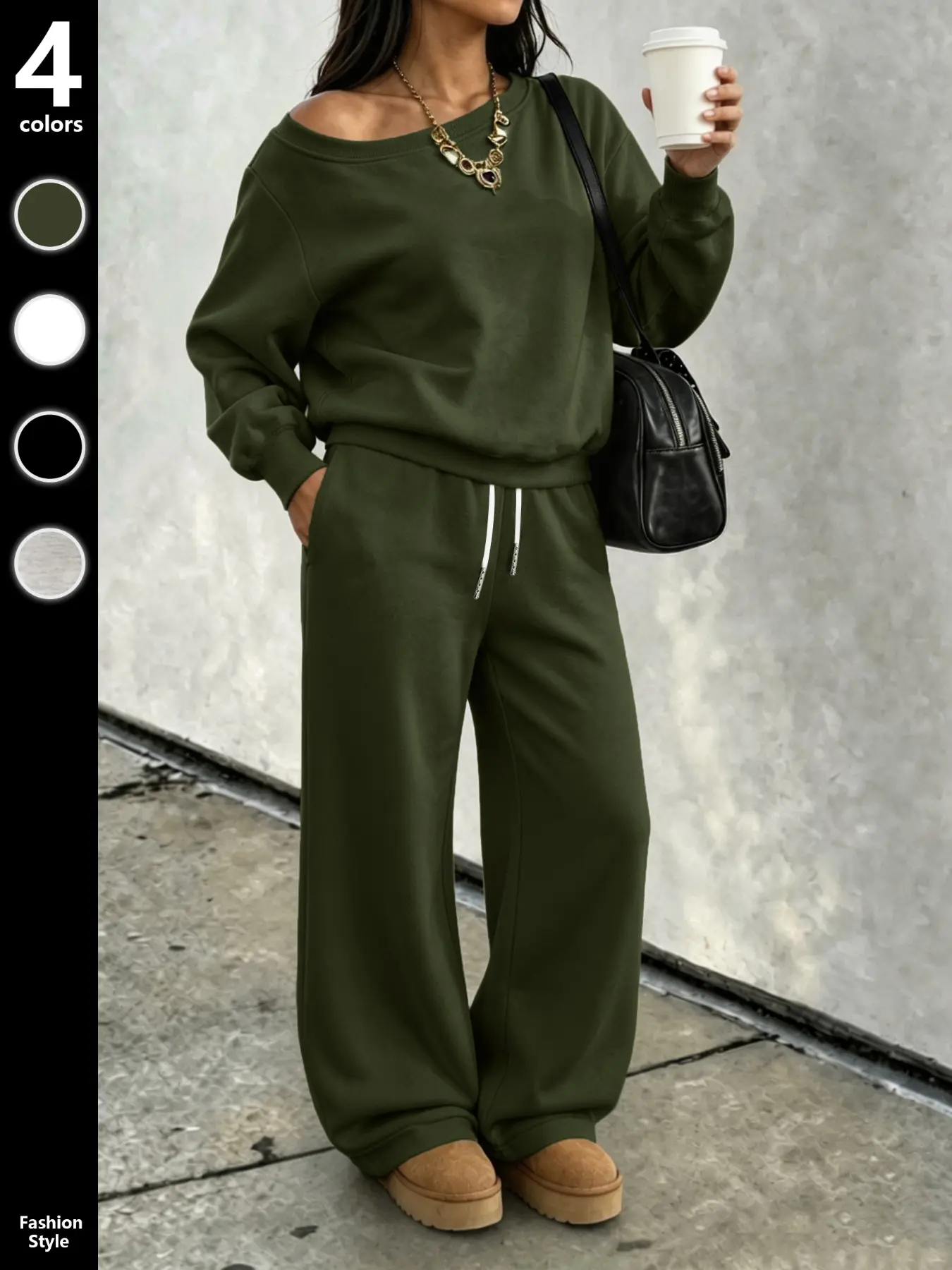 Women's Two-Piece Set, Fall, Asymmetrical Sweatshirt and Wide-Leg Pants, Soft Knit Fabric, Casual Daily Wear, Multiple Colors Available, Outfit