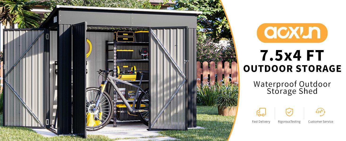 Aoxun 8'x4' Triple Door Shed Outdoor Storage Shed with Three Lockable Door for Easily Accessing Metal Storage Cabinet with Slopping Roof for Tools Bicycles Storage for Garden, Backyards (Black)