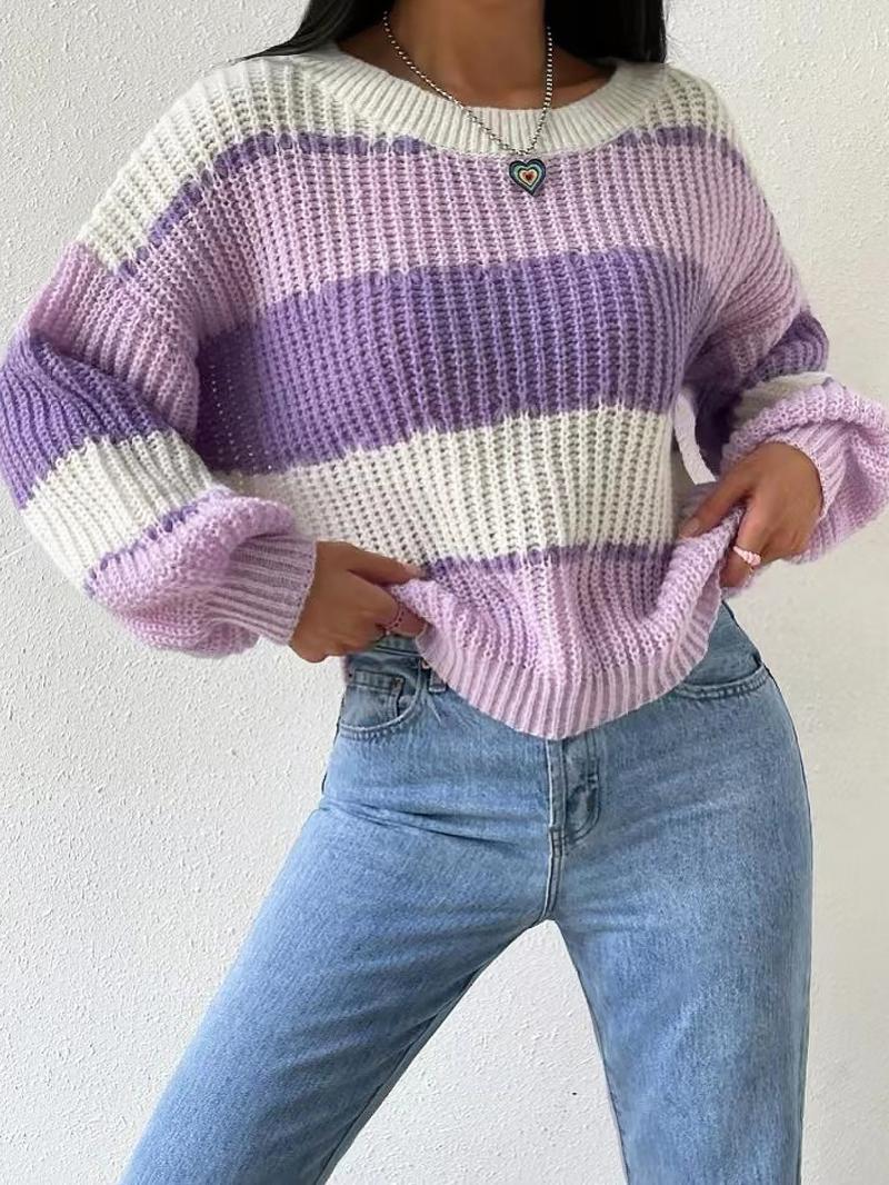 Women's Colorblock Bishop Sleeve Round Neck Sweater Without Necklace, Casual Long Sleeve Jumper for Fall & Winter, Women's Knitwear for Daily Wear