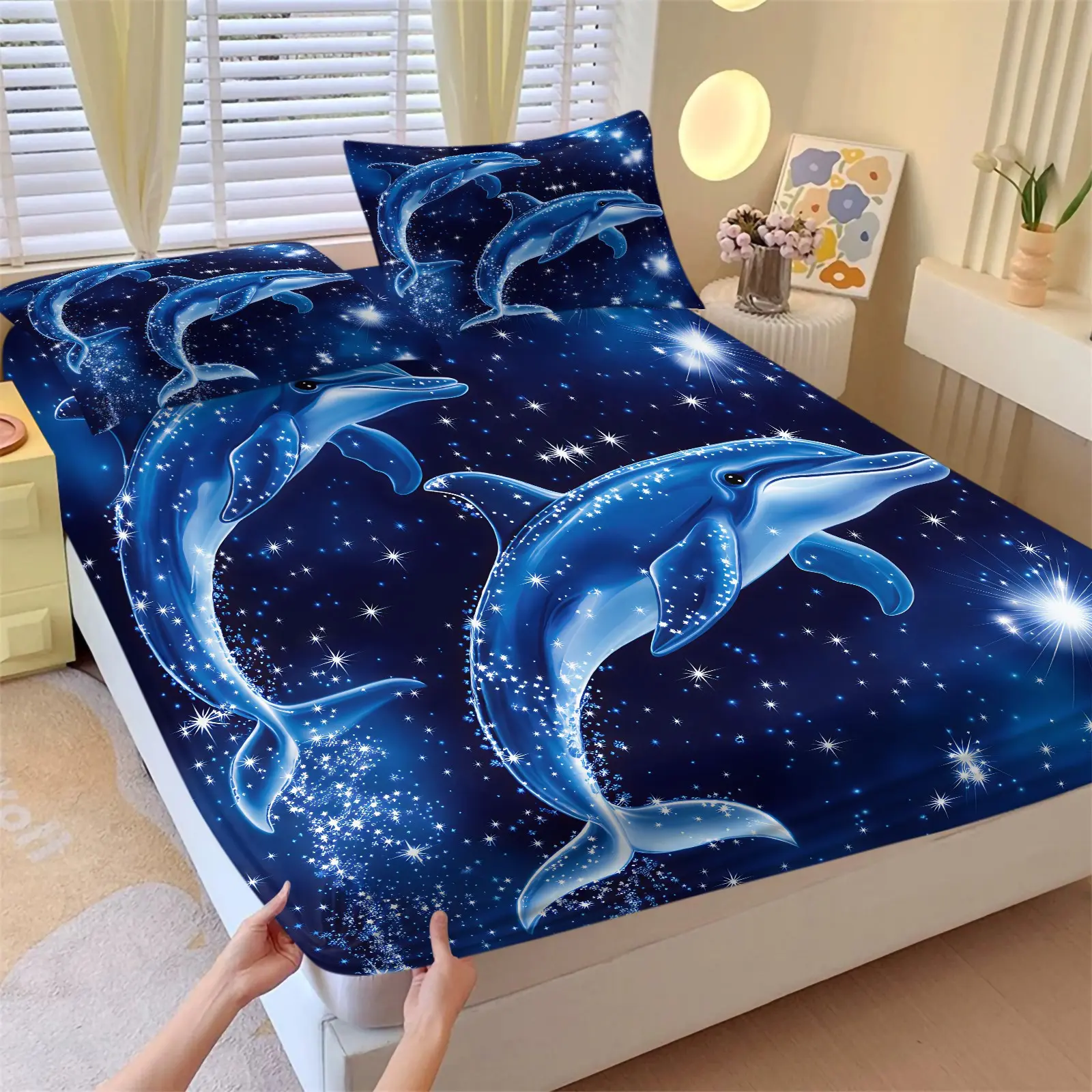 Dolphin Pattern Bed Sheet Set, Deep Blue Ocean Theme, Ultra-Fine Fiber, Lightweight, All Seasons, Gift for Marine Enthusiasts, Cool Bedding Set