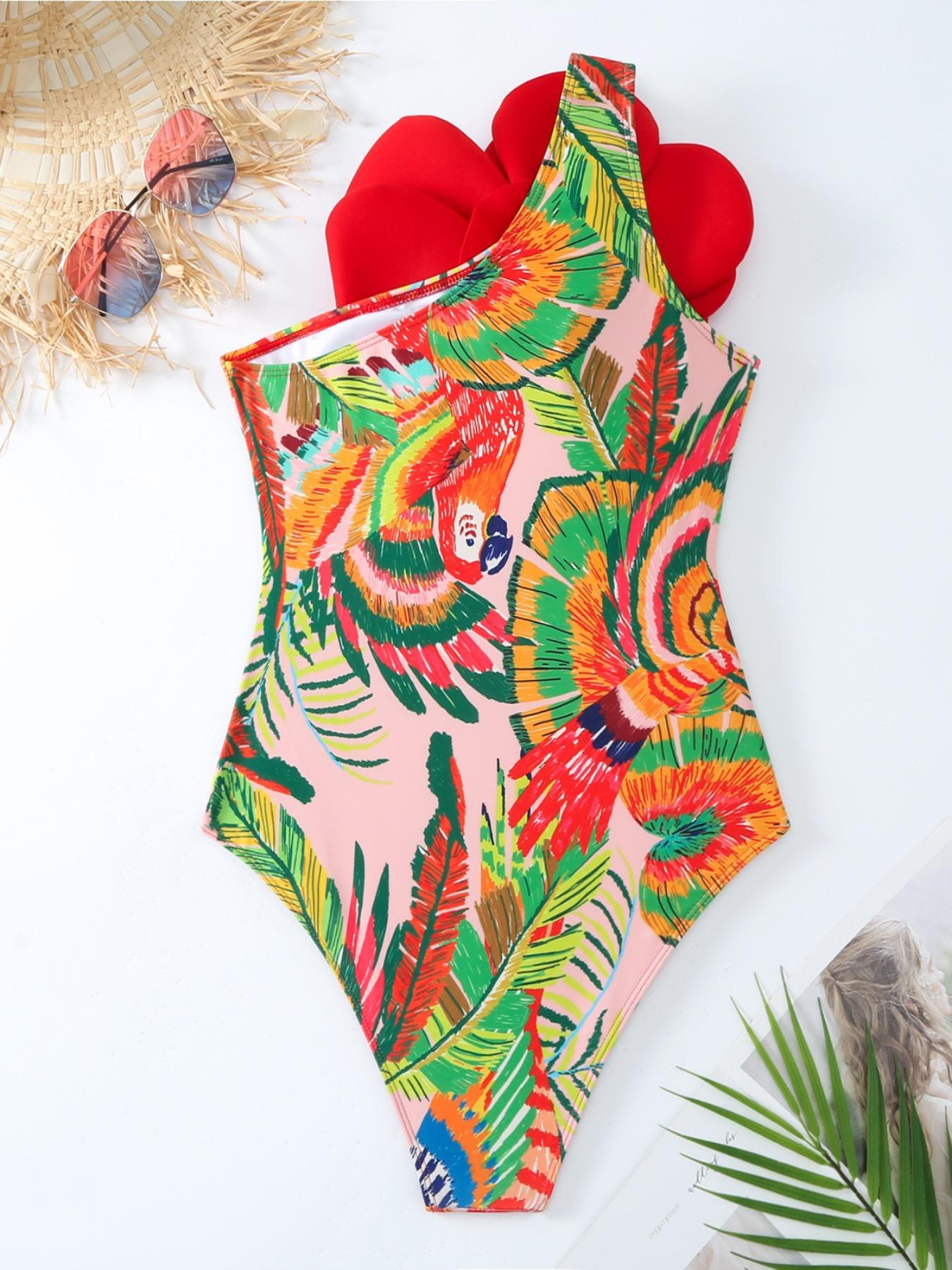 Two Counts Women's Tropical Print Flower Decor One-piece Swimsuit & Cover Up Skirt Set for Spring, Summer Clothes Women One Shoulder Beach Swimsuit & Knot Wrap Skirt Set, Tummy Control Swimswear, Girly Clothes