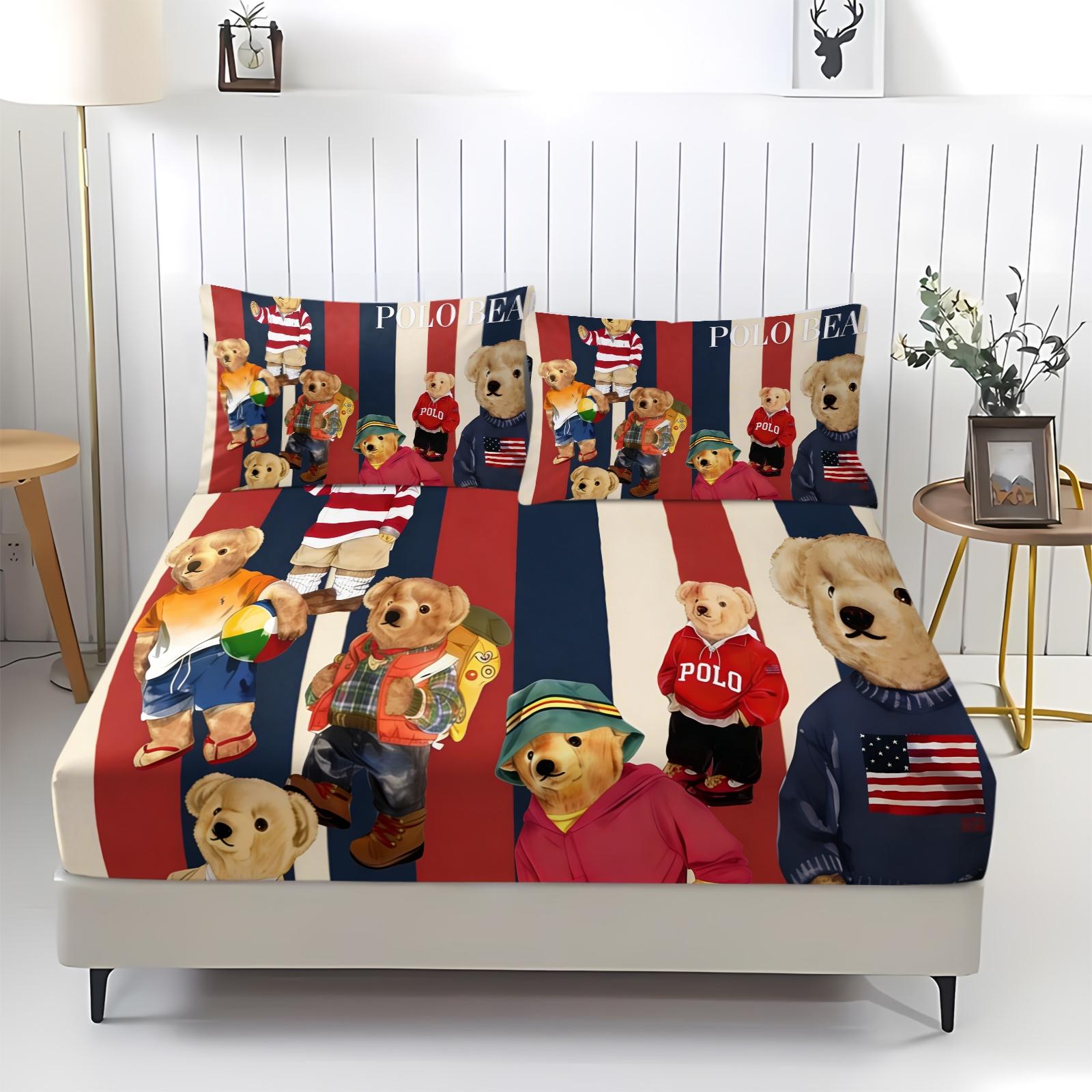 Teddy Bear Pattern Bed Sheet, Comfortable Printed Pattern, Includes 1 Bed Sheet and 2 Pillowcases, Comfortable Bedding, Non slip Dust Cover Suitable for Bedroom and Guest Room, Suitable as a Gift for Children or Adults