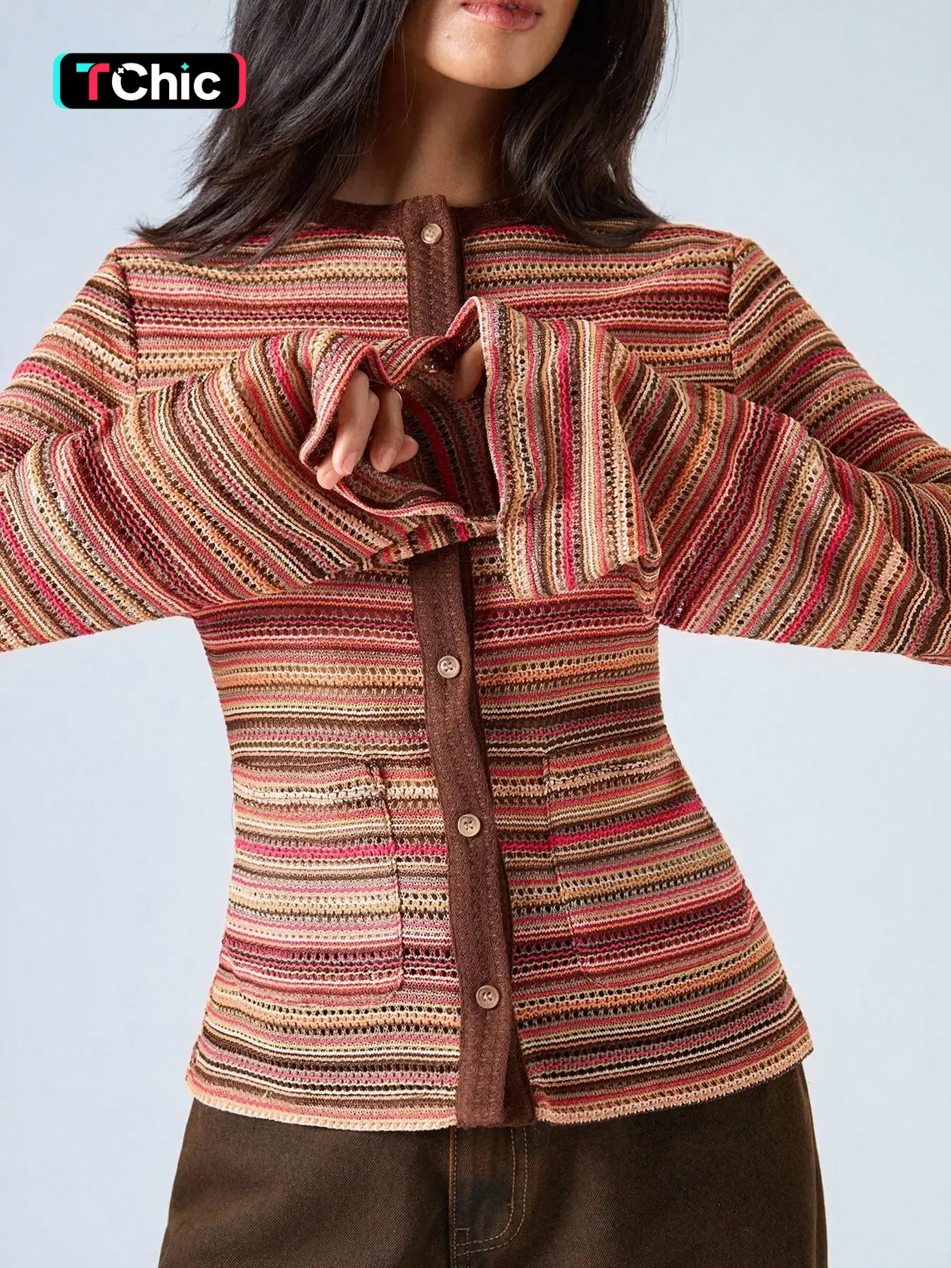 Women's Striped Long Sleeve Knit Top, 90s Retro Round Neck Casual Shirt, Perfect for Daily Wear, Back-To-School, Boho Y2K Style