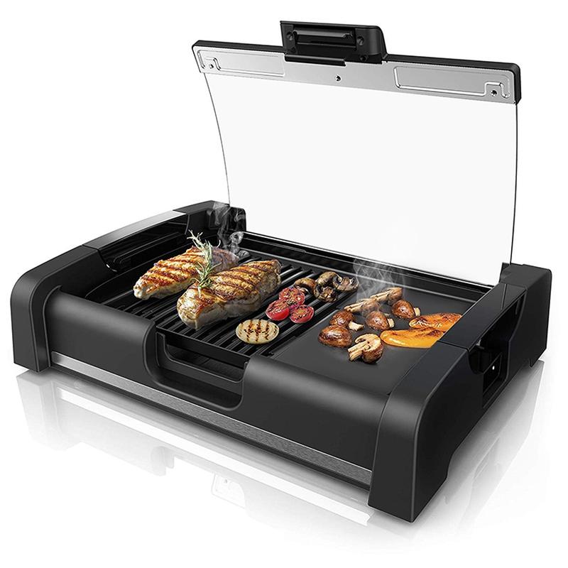 1200W 2 in1 Grill Griddle Plates Smokeless Indoor Grill Electric Griddle w/cover, 10 X 14" Adjustable temperature control,closed usable for power heating, make food Juice.