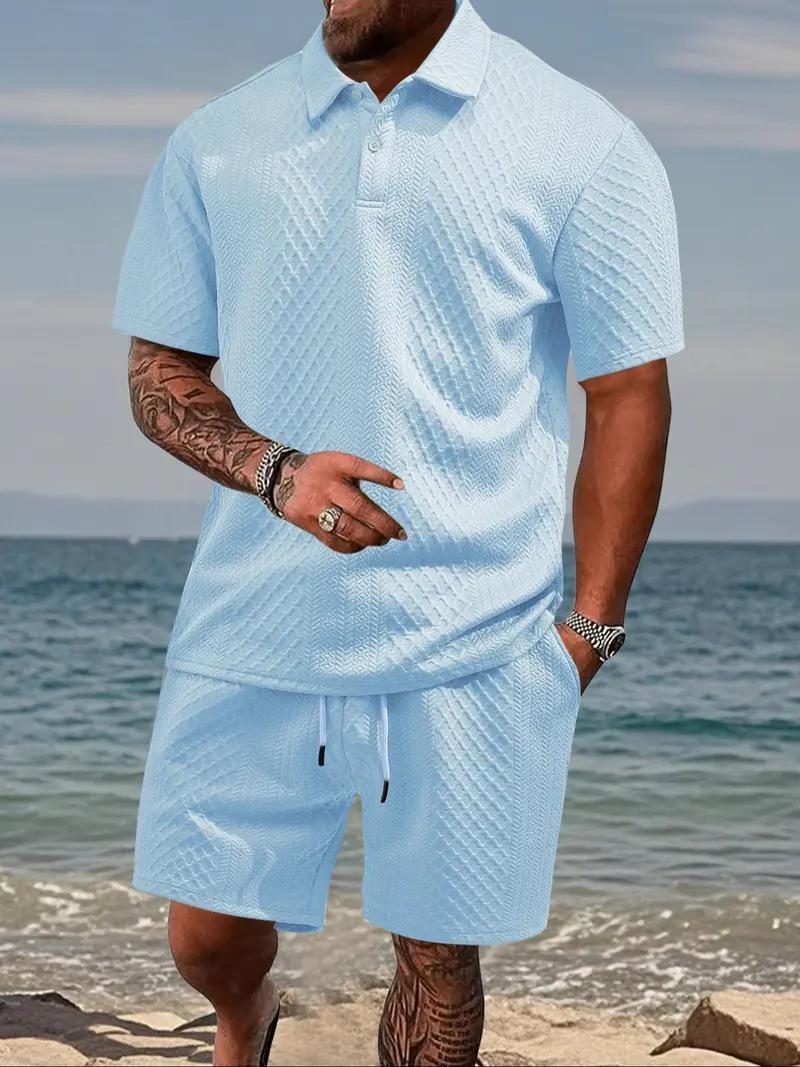KZZ Men's Solid Polo Shirt & Drawstring Waist Shorts Set Cozy Breathable Two-piece Outfits for Daily Outdoor Wear Menswear Suits Casual Clothes,father'sdaygifts