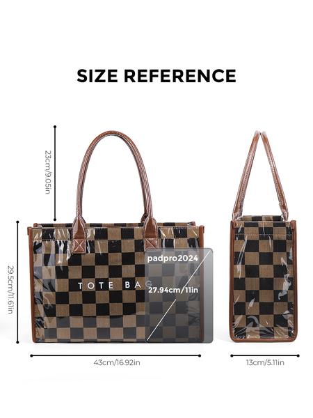 Women's Retro Checkered Letter Print Casual Tote Bag, Large Capacity Transparent Commuter Handbag, Versatile Daily Use Shoulder Bag
