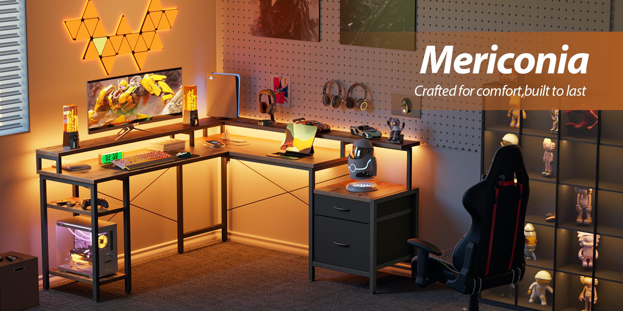 66.93" L Shaped Desk with Storage Drawers, Gaming Desk with Power Outlet & LED Light Strip,Computer Desk, Corner Desk with Shelves for Home Office Workstations