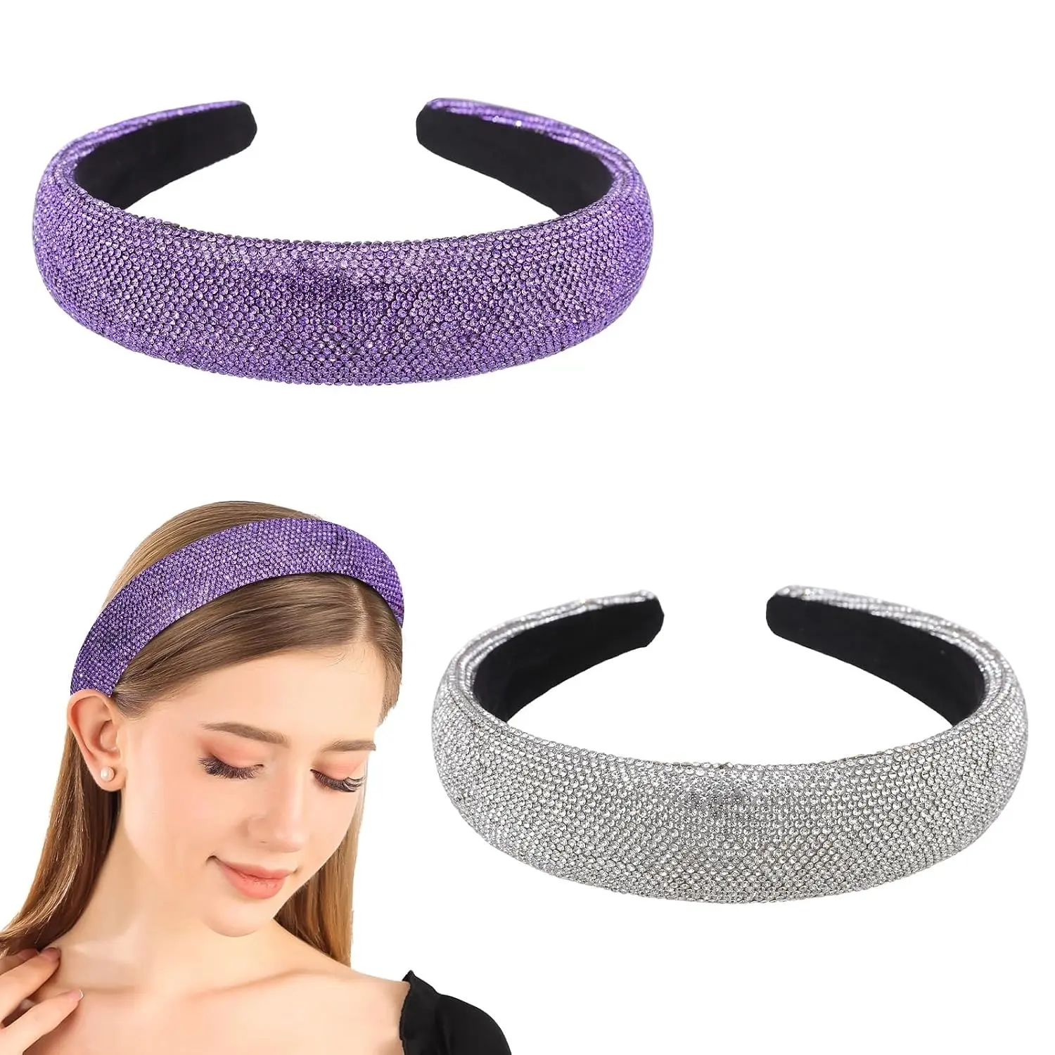 Sparkly Wide Headbands for Women Girls, 2PCS Rhinestone Padded Headband Silver Purple Glitter, Fashion Sparkle Hair Hoop for Daily Prom Party Head Accessories