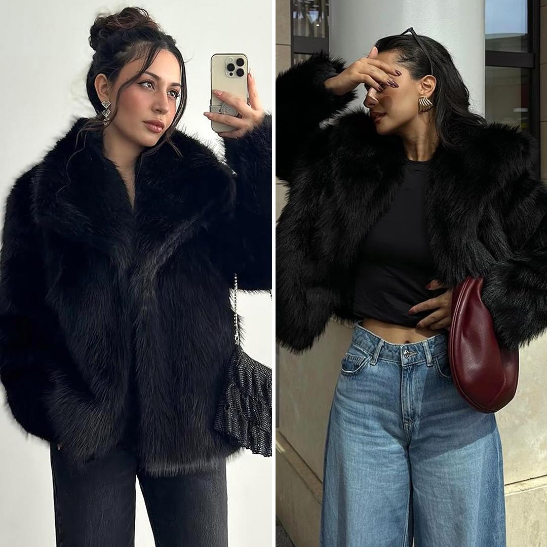 Buenoble Women's Brown Faux Fur Coat Winter Fluffy Short Jacket Warm Fuzzy Oversized Outwear Top Shaggy Collar Full Lining Short Jacket with Side Pockets SpringStatements