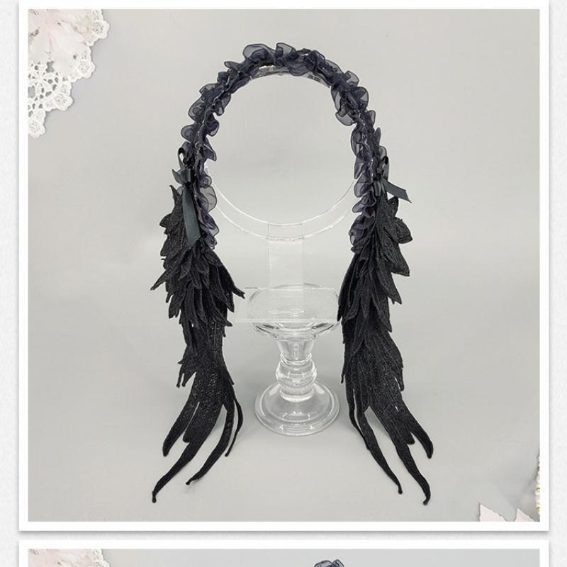 Dark Gothic Lolita Harajuku Hairband Angel Feather Wings Lace Trimmed Headpiece Black& white Lolita Wing Hair Accessories