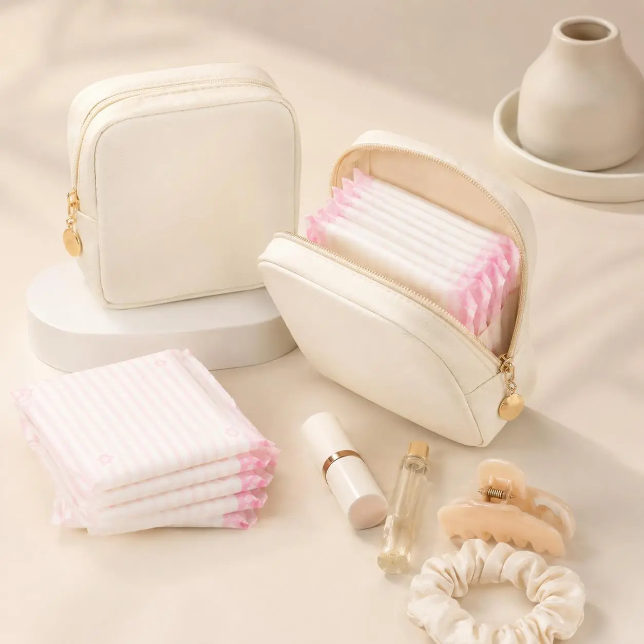 Women's Polyester Sanitary Pad Storage Pouch - Minimalist Solid Color, Structured Zippered Multi-Function Organizer for Travel Kit, School, Shopping Toiletries, Toiletries Storage, Organizer Storage