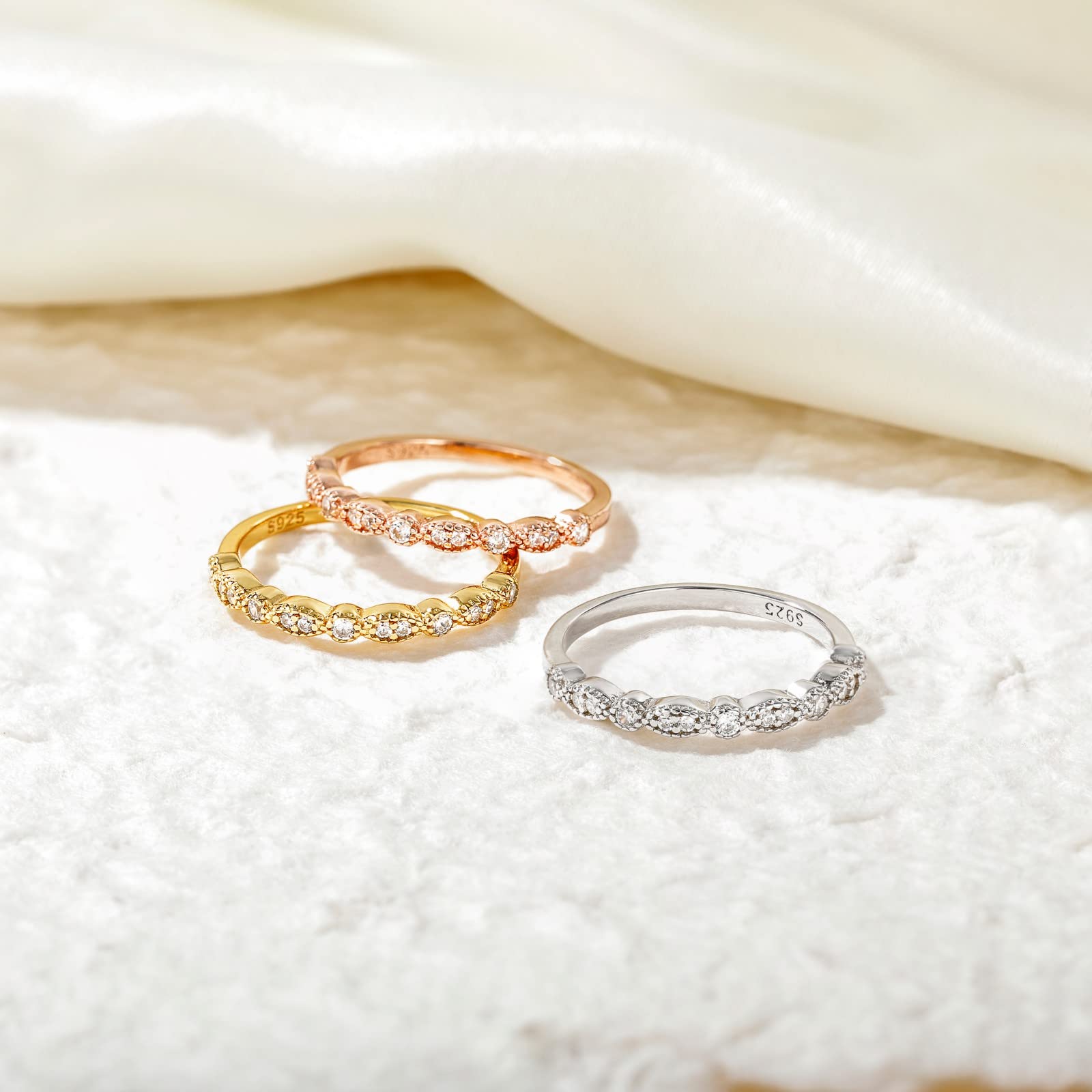 EAMTI 925 Sterling Silver Wedding Band for Women Cubic Zirconia Marquise & Round Milgrain Half Eternity Stackable Ring