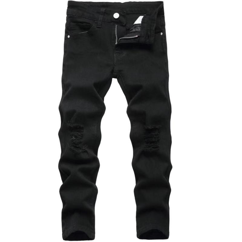 Boy's Embroidered Skinny Jeans Slim Fit Ripped Destroyed Distressed Fashion Denim Pants Black Jeans