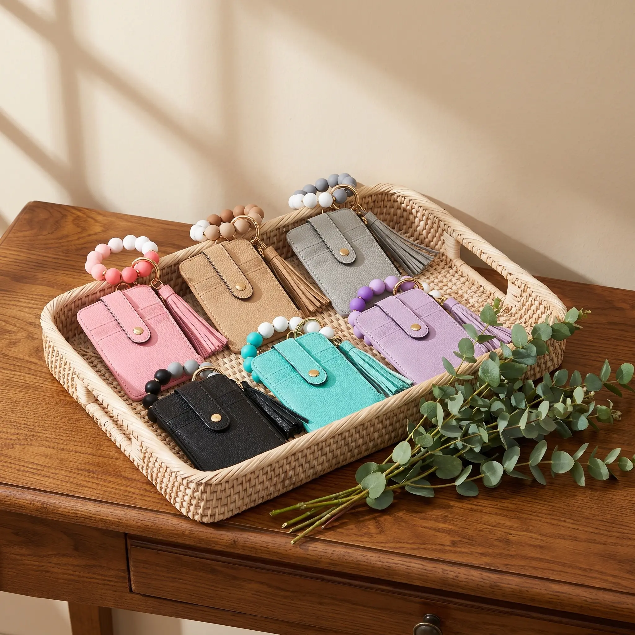 Women's Silicone Beaded Keychain Wristlet Wallet – Stylish Card Holder with Slots and Floral/Leopard Print, Key Ring Bracelet Pouch – Gift for Adults #SummerVibes, Card Organizer