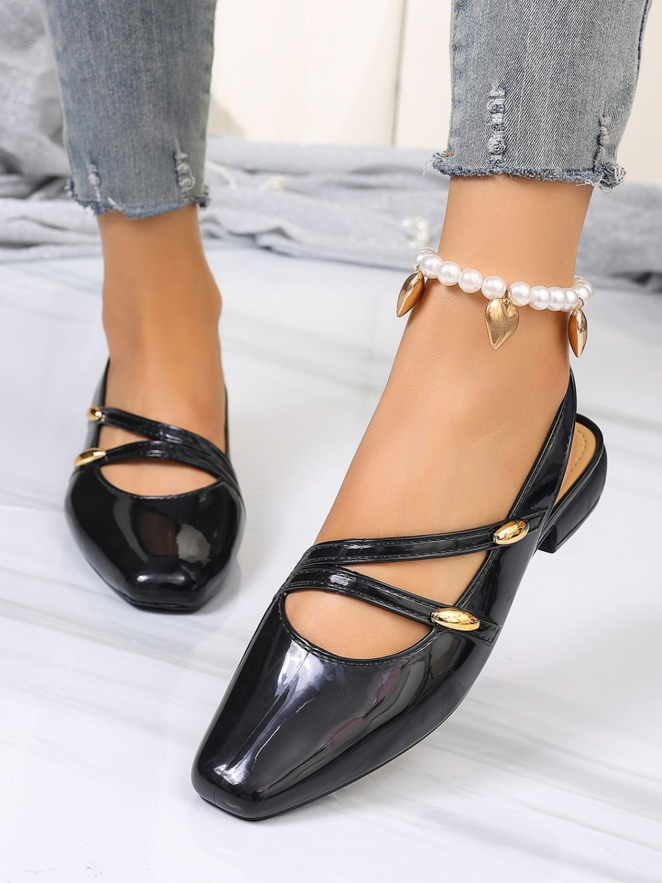 2026 Summer High-End Glossy Leather Mary Jane Shoes, Square Toe Backless Cross Strap Metal Buckle Low Heel Flat Sandals, Office Date Elegant Versatile Women's Shoes