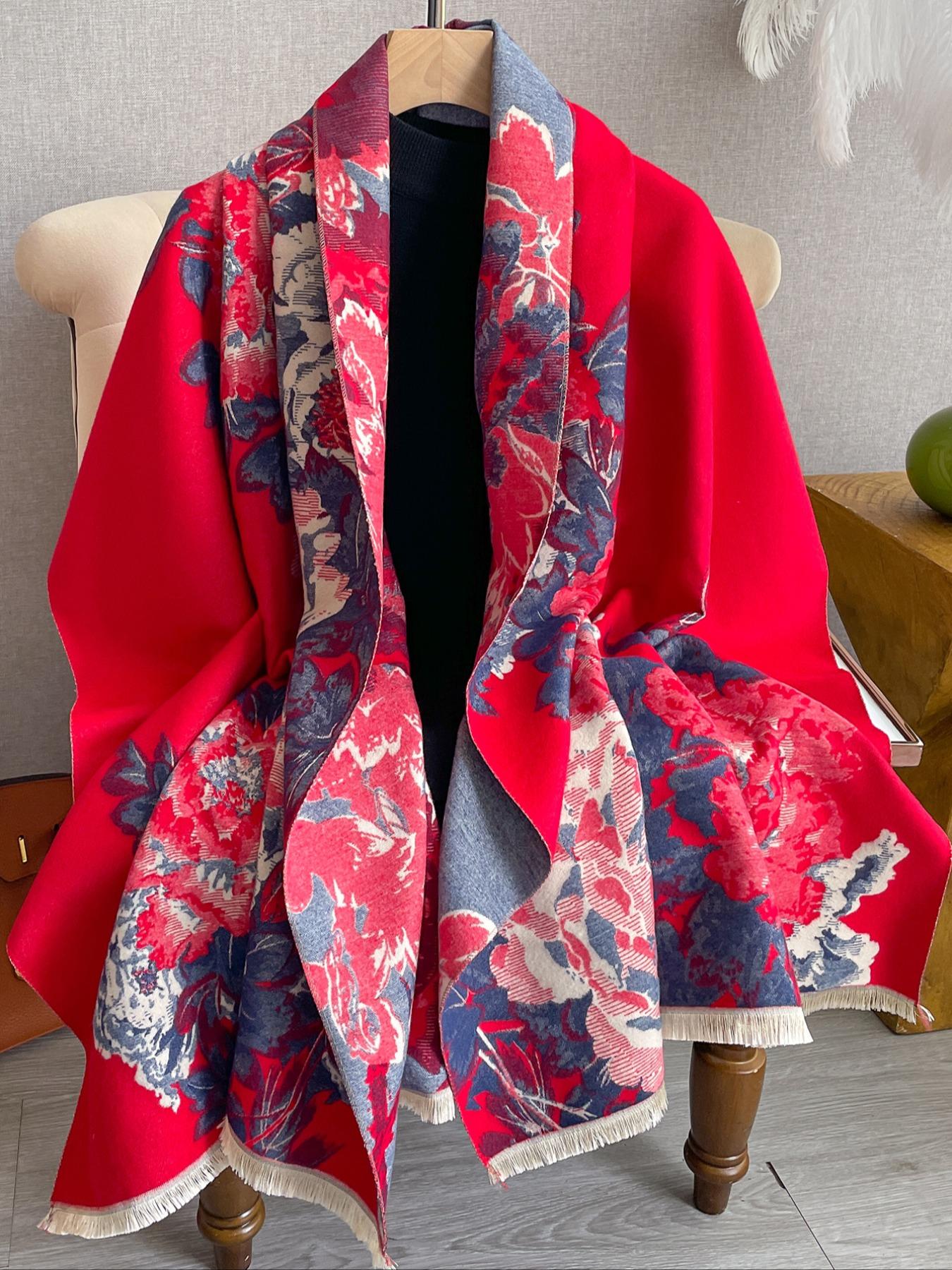 Women's Fashion Scarf, Floral Jacquard Shawl, Warm Thick Woven Fabric, Elegant Fitted Design, Perfect for Fall & Winter Wear