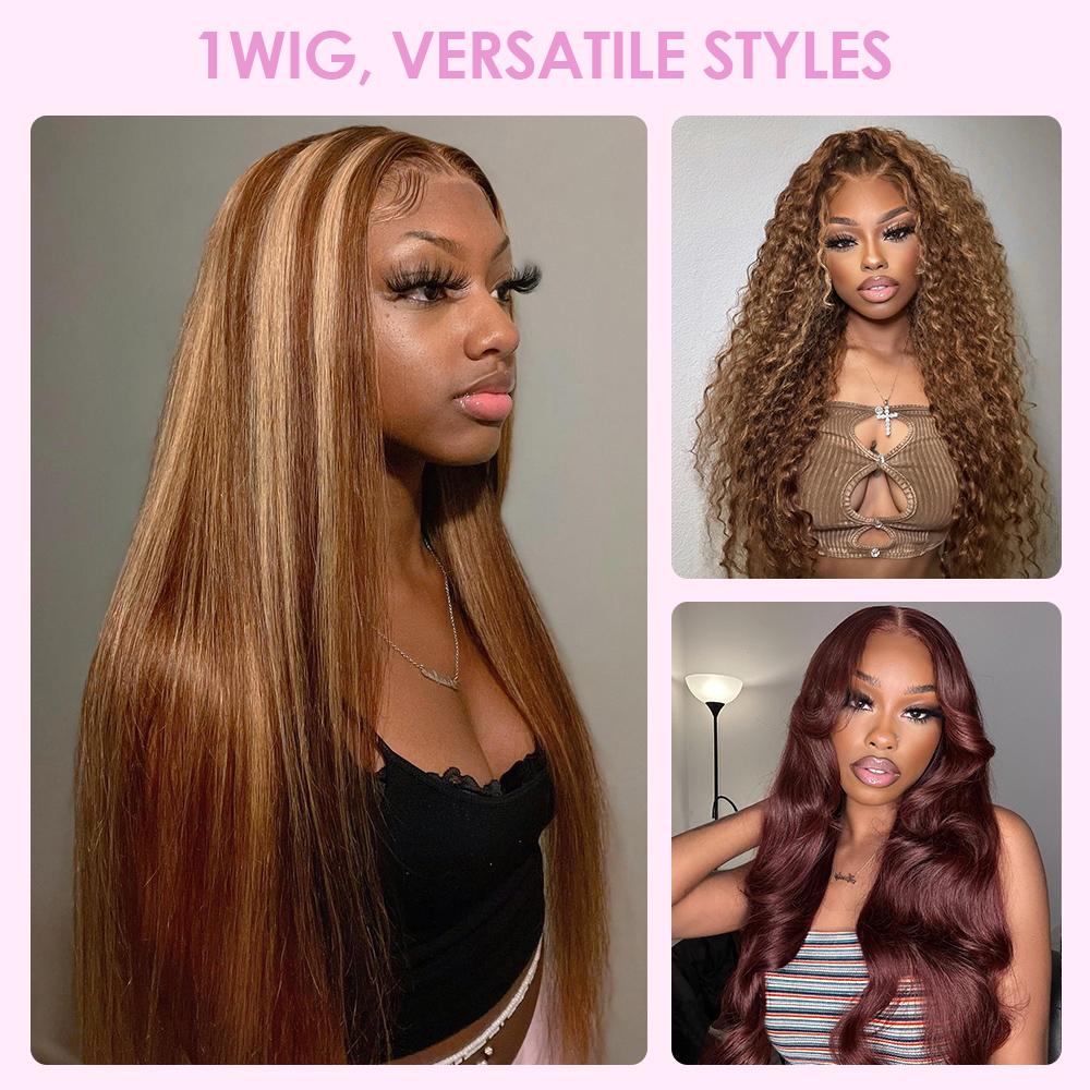 Pizazz Hair 220% Density 13x6 Highlight Body Wave Full Lace Front Wigs Human Hair Pre Plucked 4/27 Honey Blonde HD Transparent Lace Front Wig Human Hair Pre Bleached Wig For Women