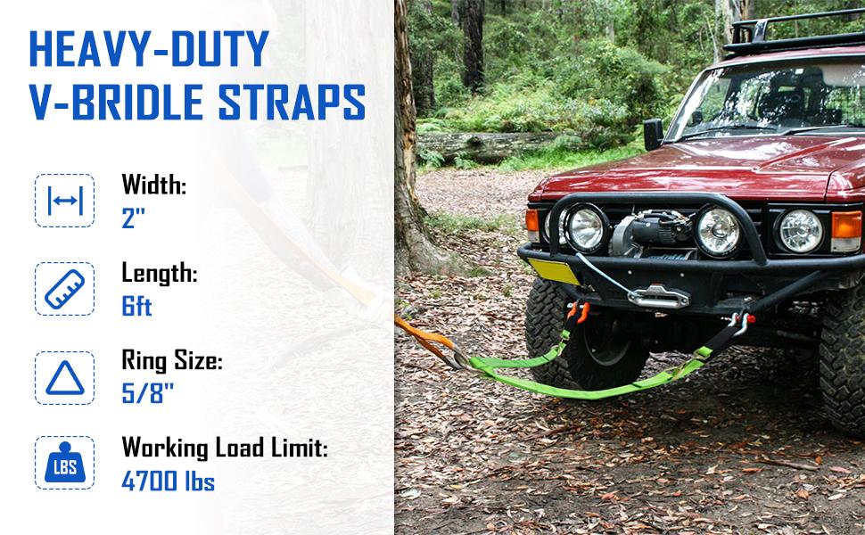 V-Bridle Strap 2"x6" & 2"x4" w/Snap Hooks w/ Cordura Sleeve & Axle Straps Recovery Tow Truck Accessories Webbing Vehicle Protection Towable Atv High Visibility