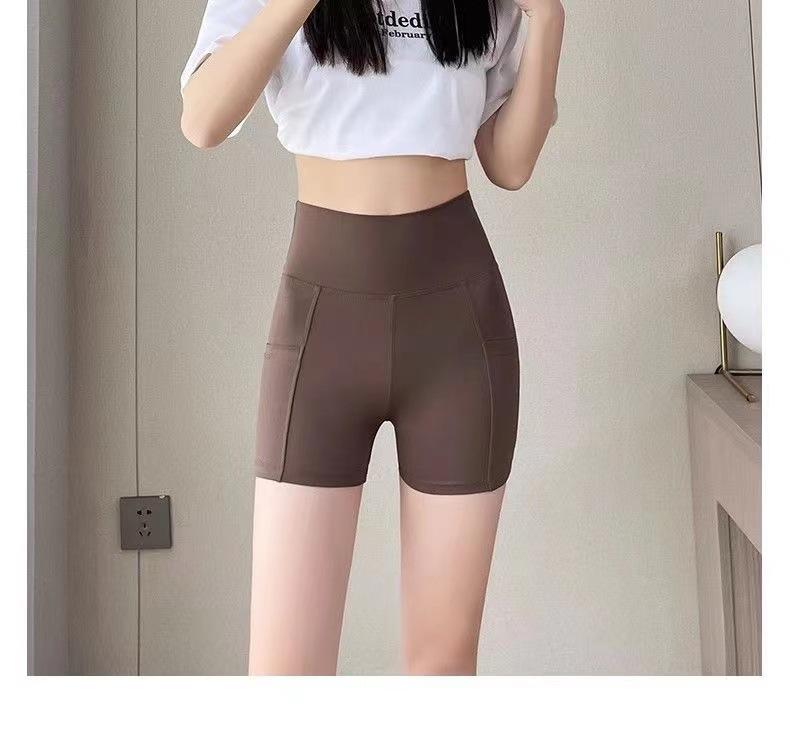 New pocket sharkskin leggings for women, anti-exposure, three-quarter length, high-waisted safety pants, tummy control, slimming yoga shorts