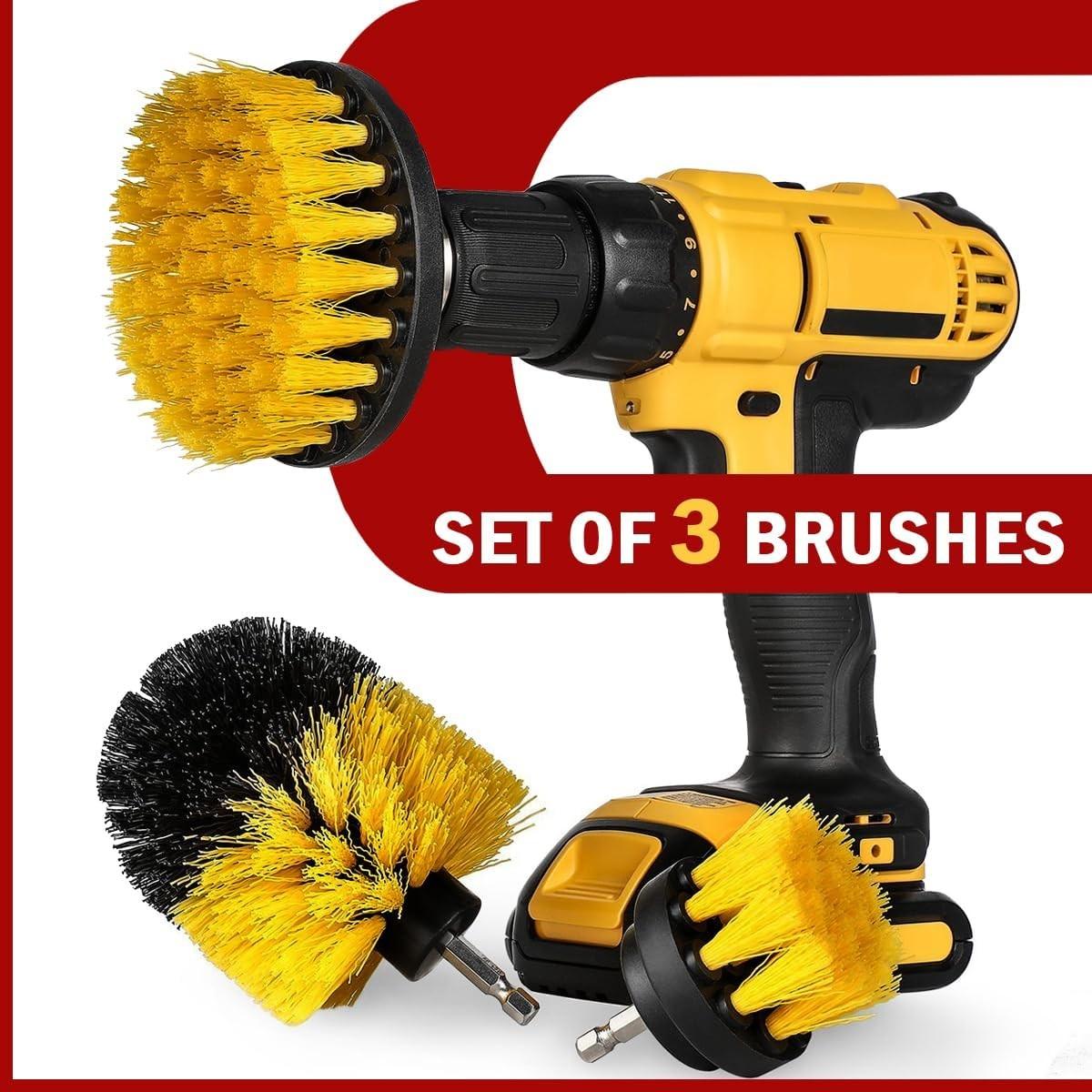 3 Piece Power Scrubber Brush Kit for Wheels, Tires, Carpet, Interior,Shoe cleaning, Upholstery - Medium Stiff Nylon Brushes for Cordless Drill Cleaning