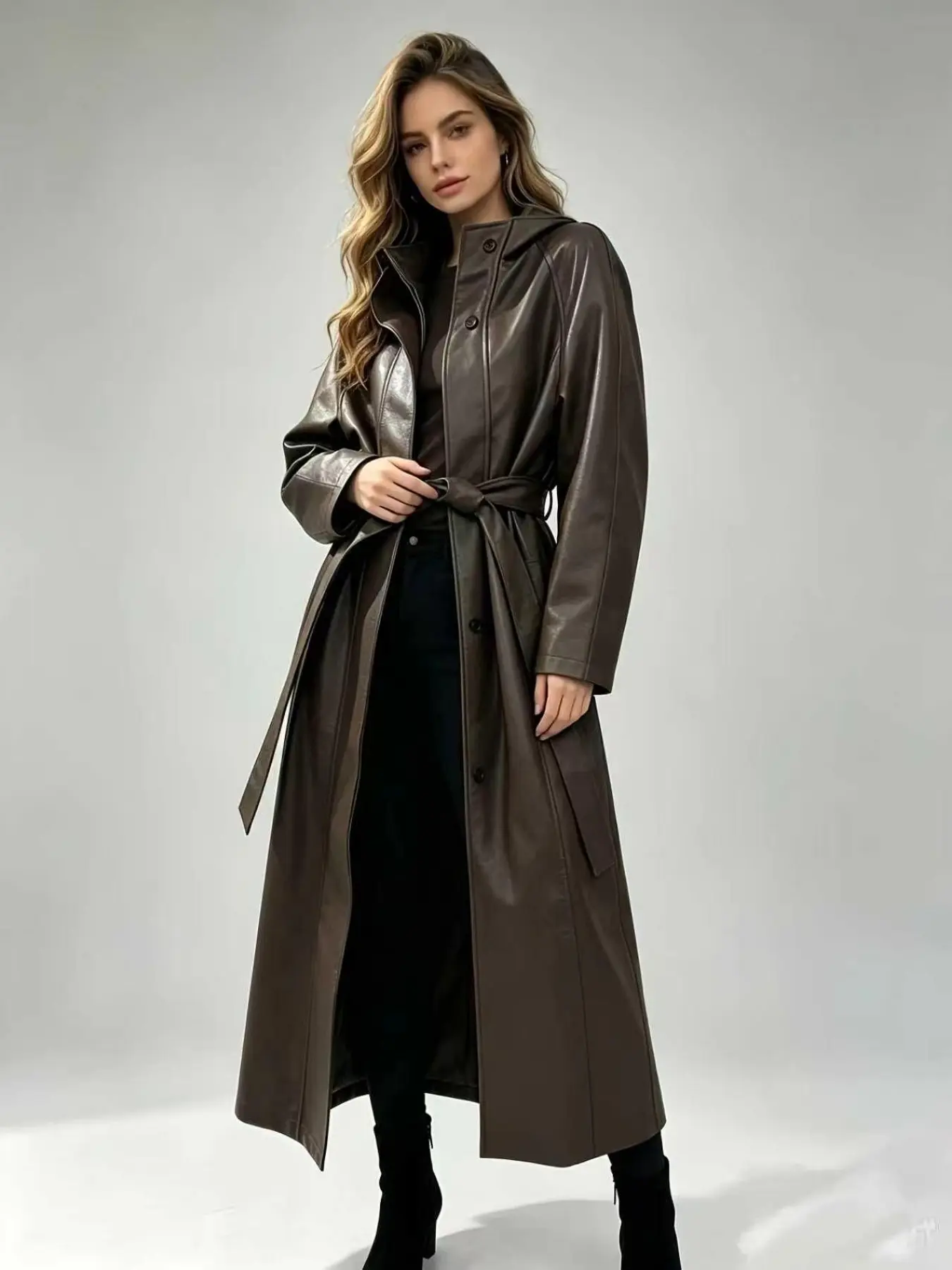 Women's High Neck Faux-Leather Long Coat, Belted Loose Fit Long Sleeve Windbreaker, Fall & Winter Streetwear