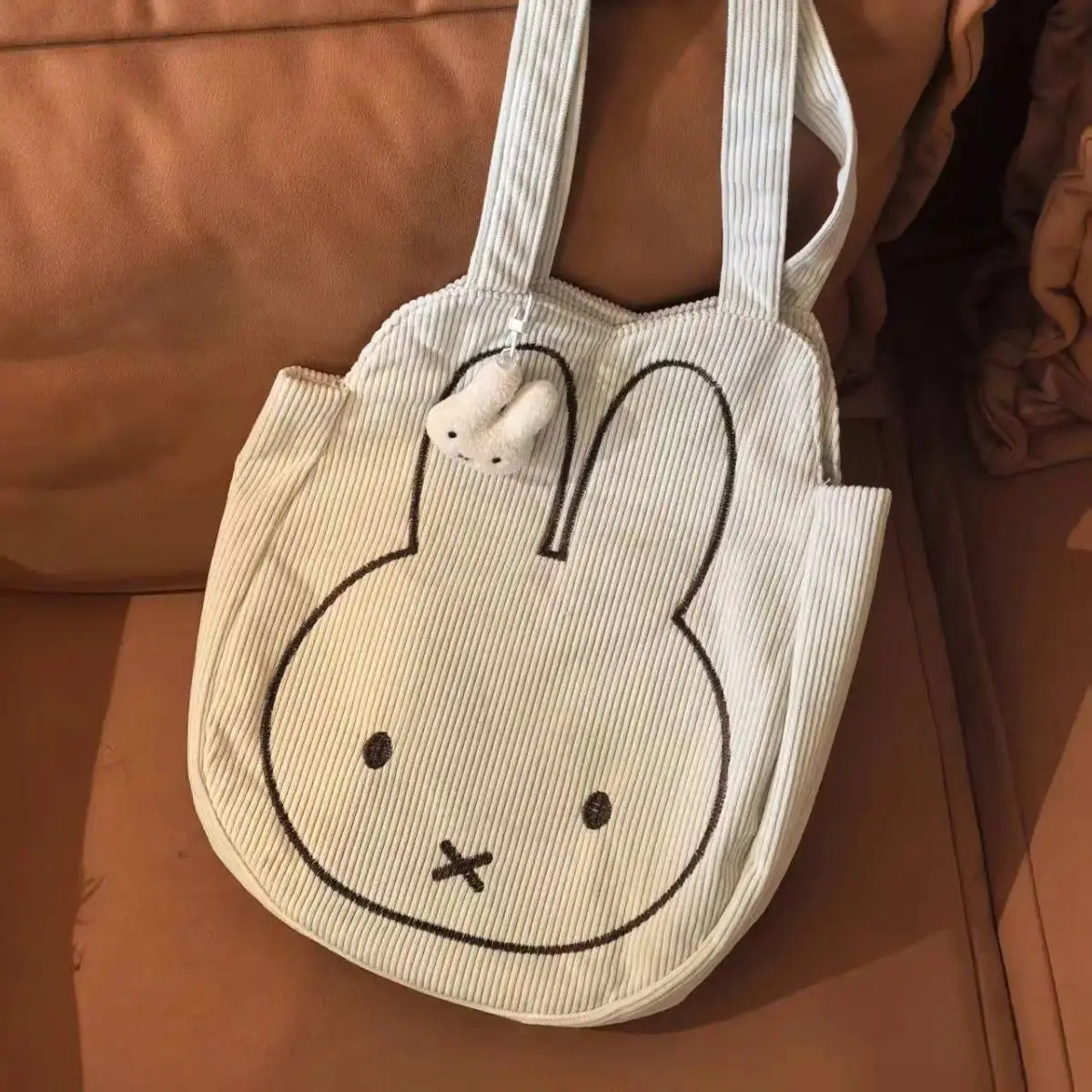 Miffy Kawaii Look Rabbit Motif Corduroy Hand Tote Purse Shoulder Bag - Embroidered Open Top Autumn Winter Versatile Birthday Gift for Girls